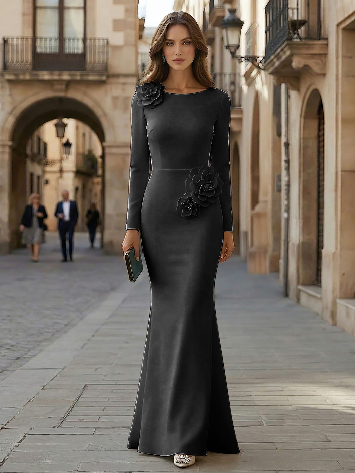 Elegant Pure White Formal Evening Dress Long-Sleeve 3D Floral Crepe Maxi Dress Gown