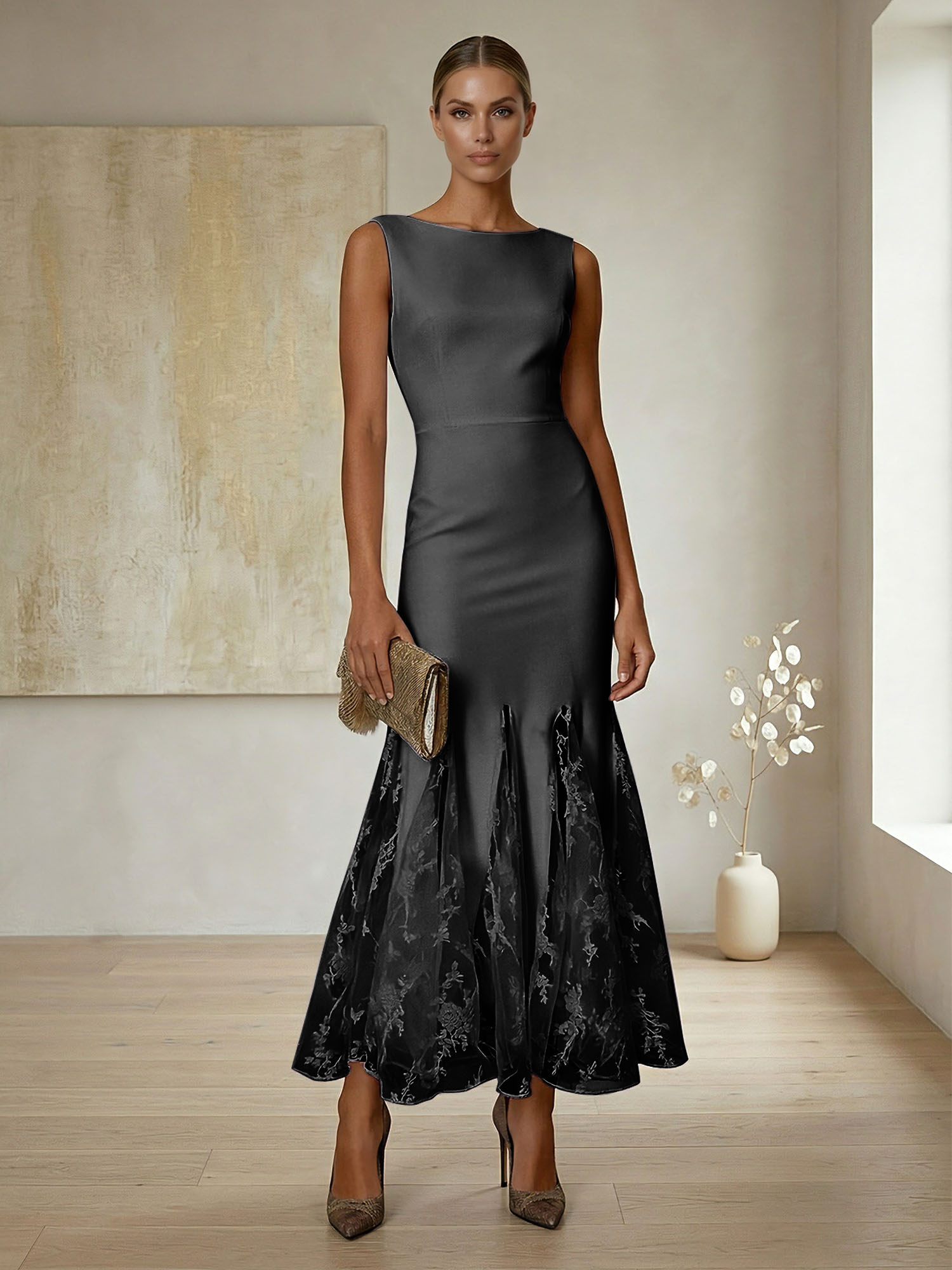 Elegant Formal Evening Gown Lilac Sleeveless Midi Dress with Embroidered Lace Godets