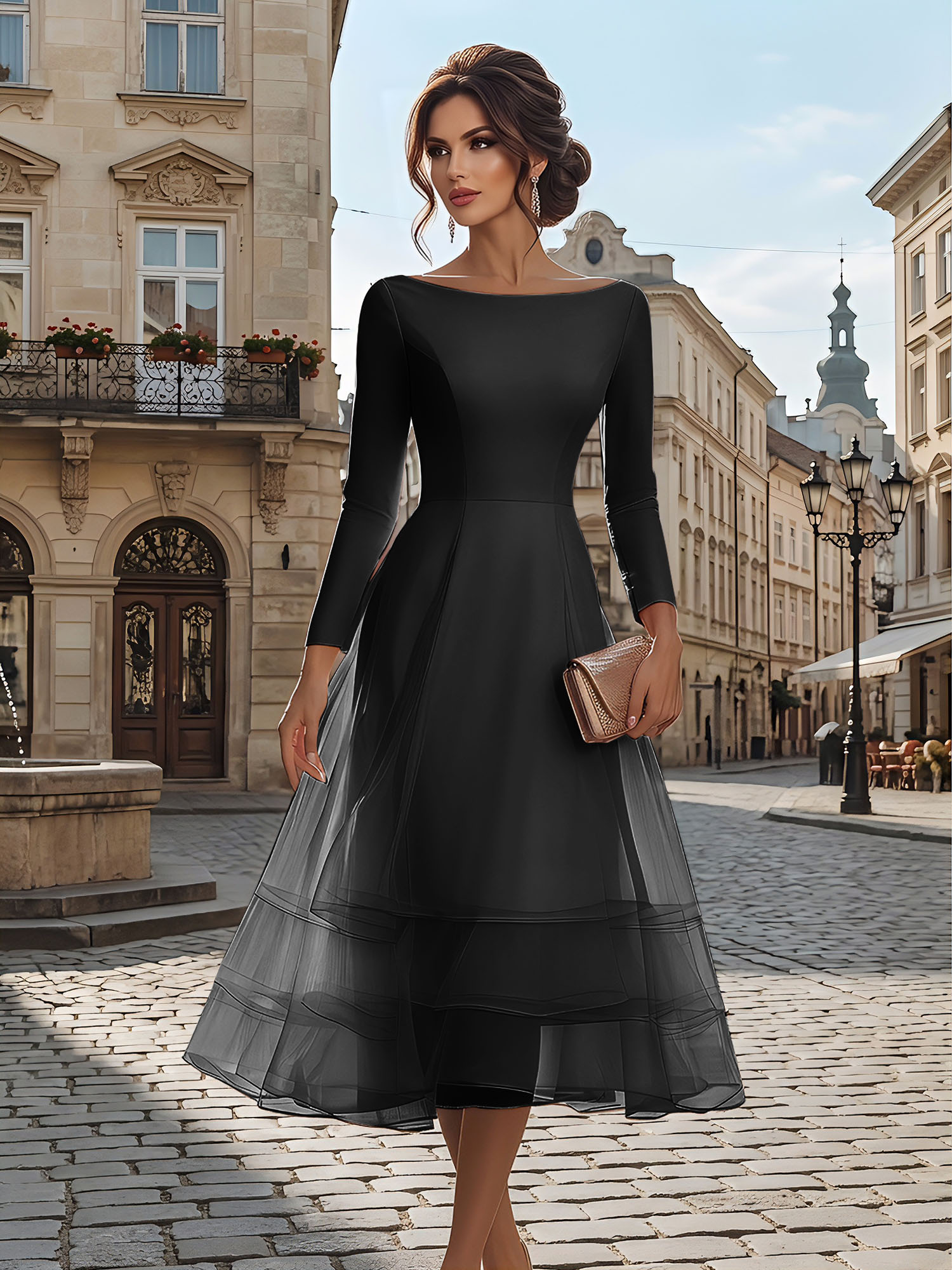 Timeless Evening Foraml Gown Blush Pink Long-Sleeve Layered Organza Midi Dress