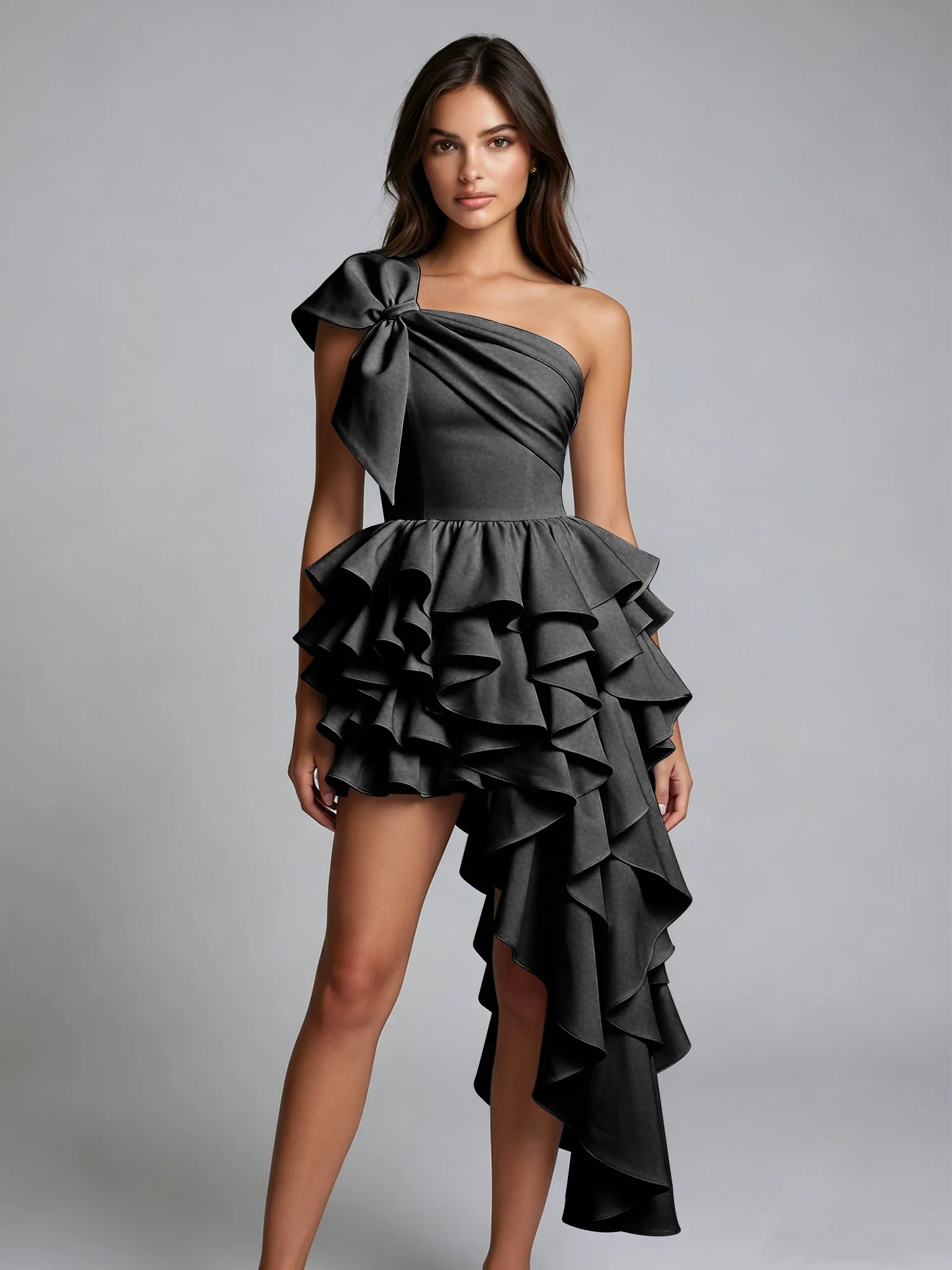 One-Shoulder Bow Tiered Ruffle Asymmetrical Homecoming Dress