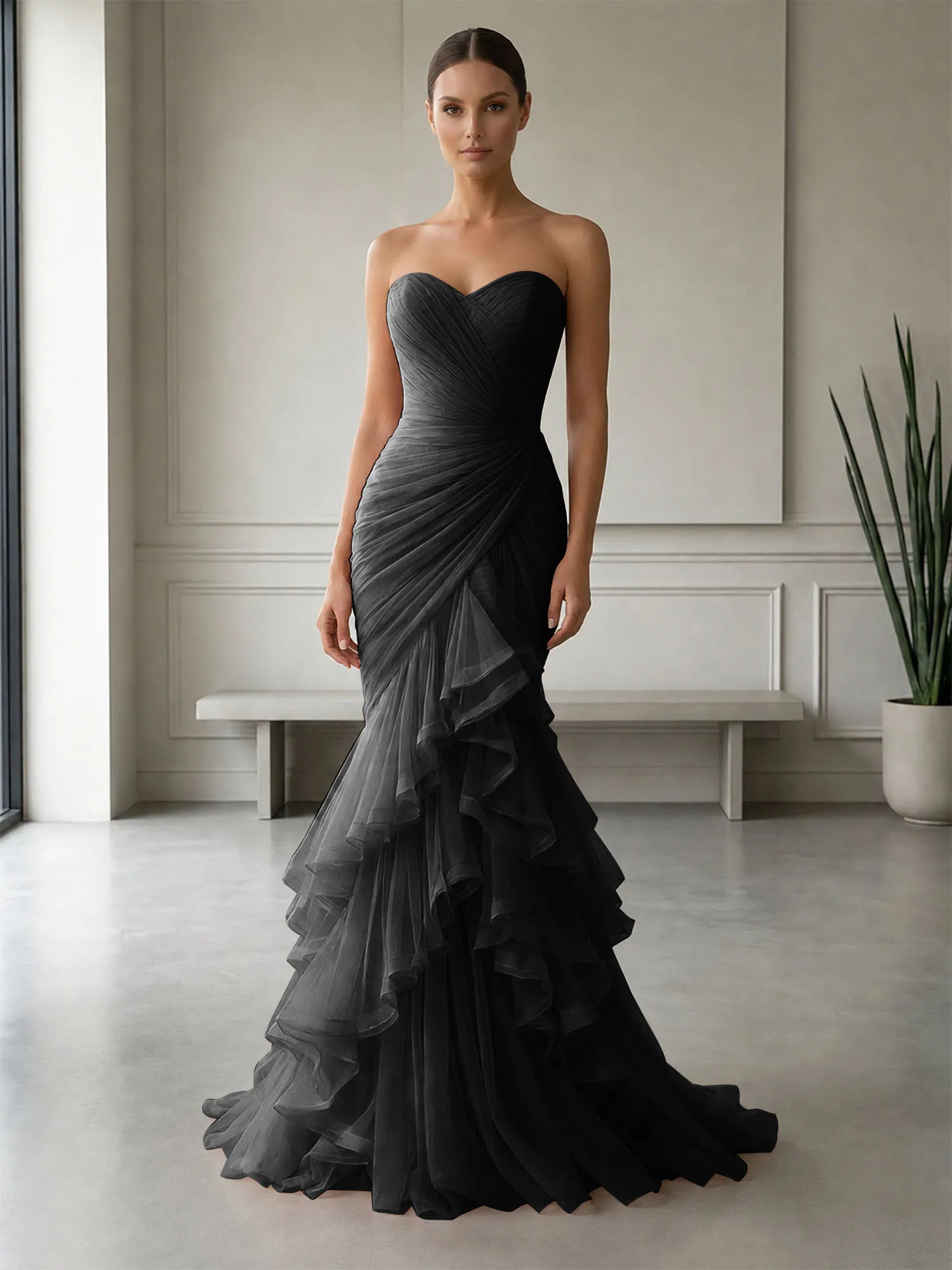 Strapless Ruched Tulle Mermaid Evening Gown Maxi Dress