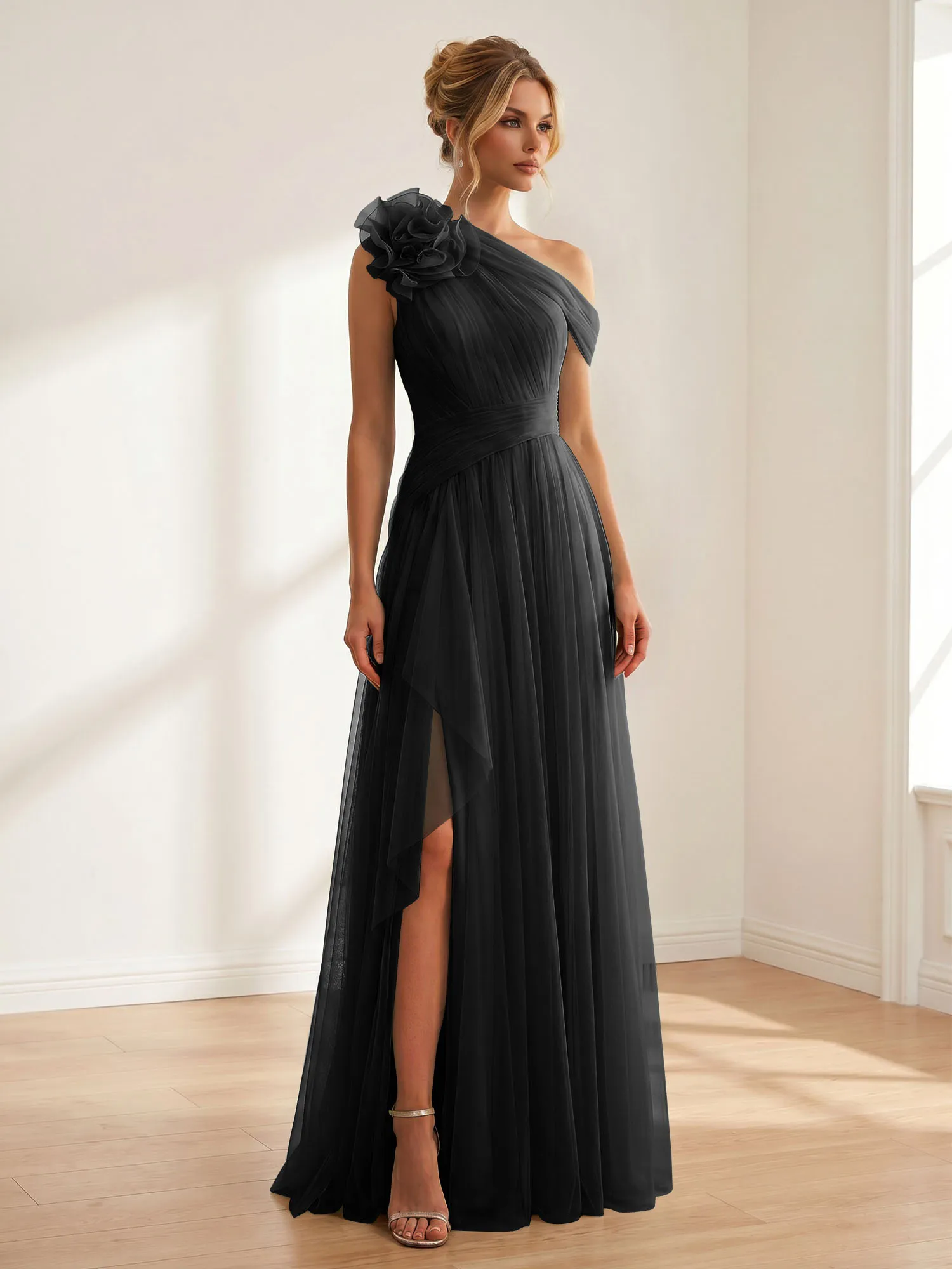 One-Shoulder Tulle Evening Gown with Floral Accent