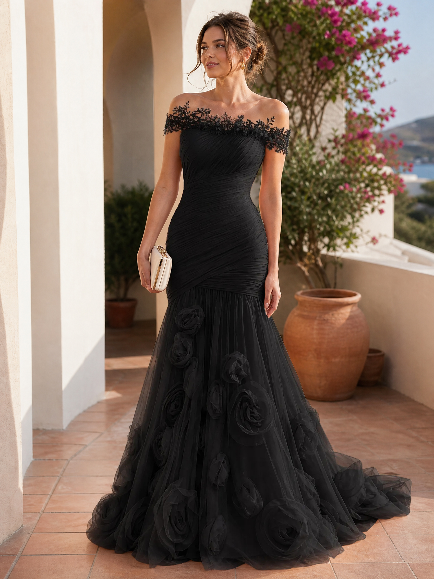 Romantic Blushing Rose Off-the-Shoulder Mermaid Formal Evening Dress 