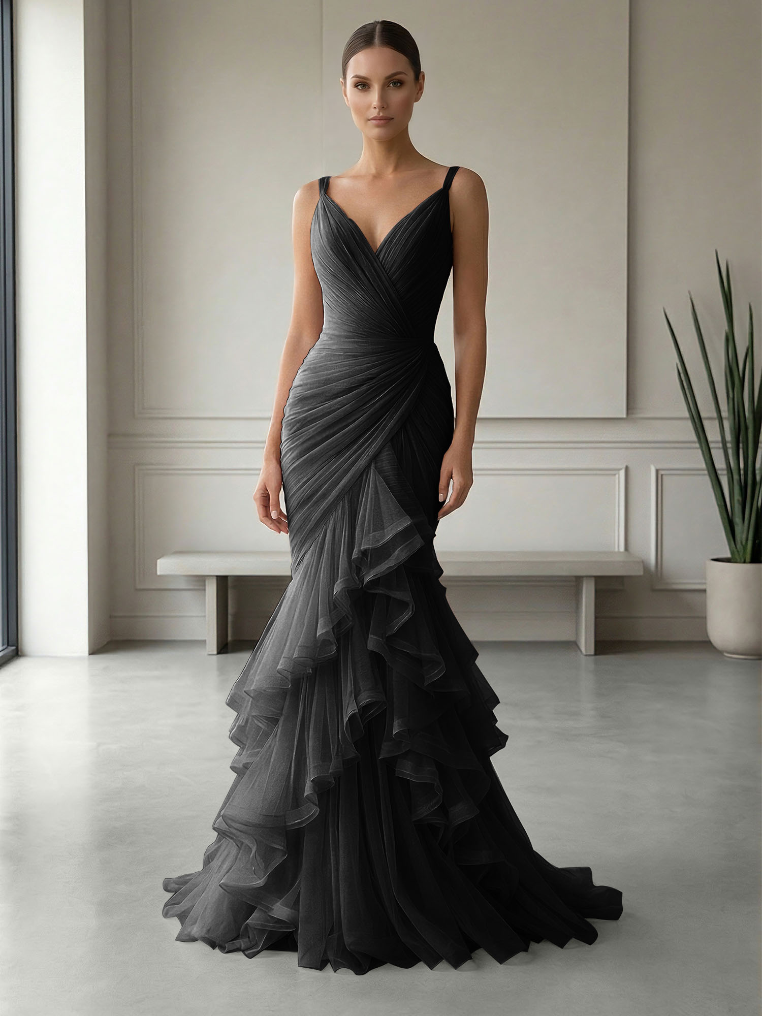 Mauve Folds Tulle Strapless Sleeveless Mermaid Gown Dress