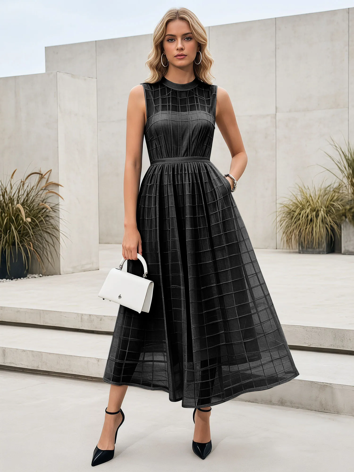 Sleeveless Grid Mesh A-Line Midi Evening Dress