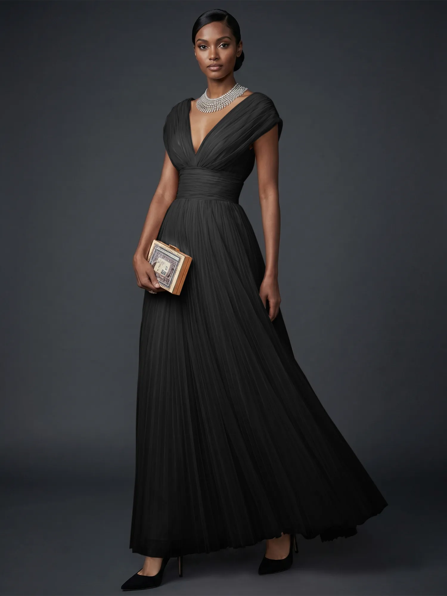 Draped V-Neck Pleated Tulle Evening Gown Maxi Dress