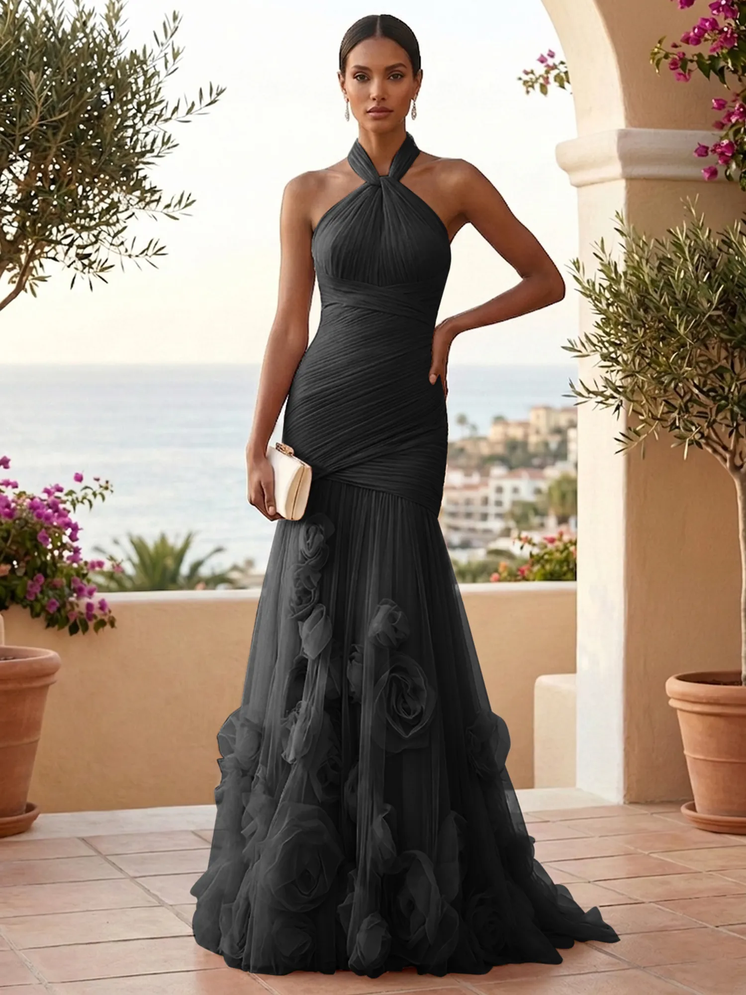 Halter Neck Ruched Tulle Mermaid Gown with 3D Floral Appliqués