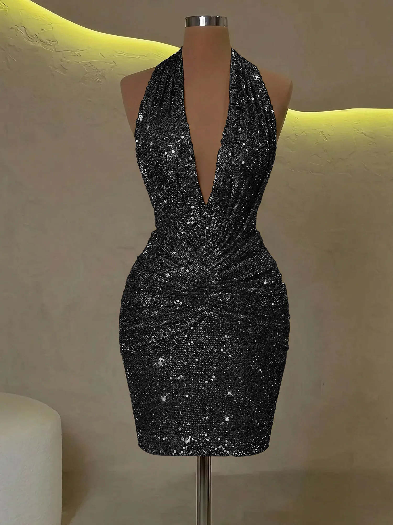 Sequin Halter Deep V-Neck Bodycon Homecoming Dress Mini Dress