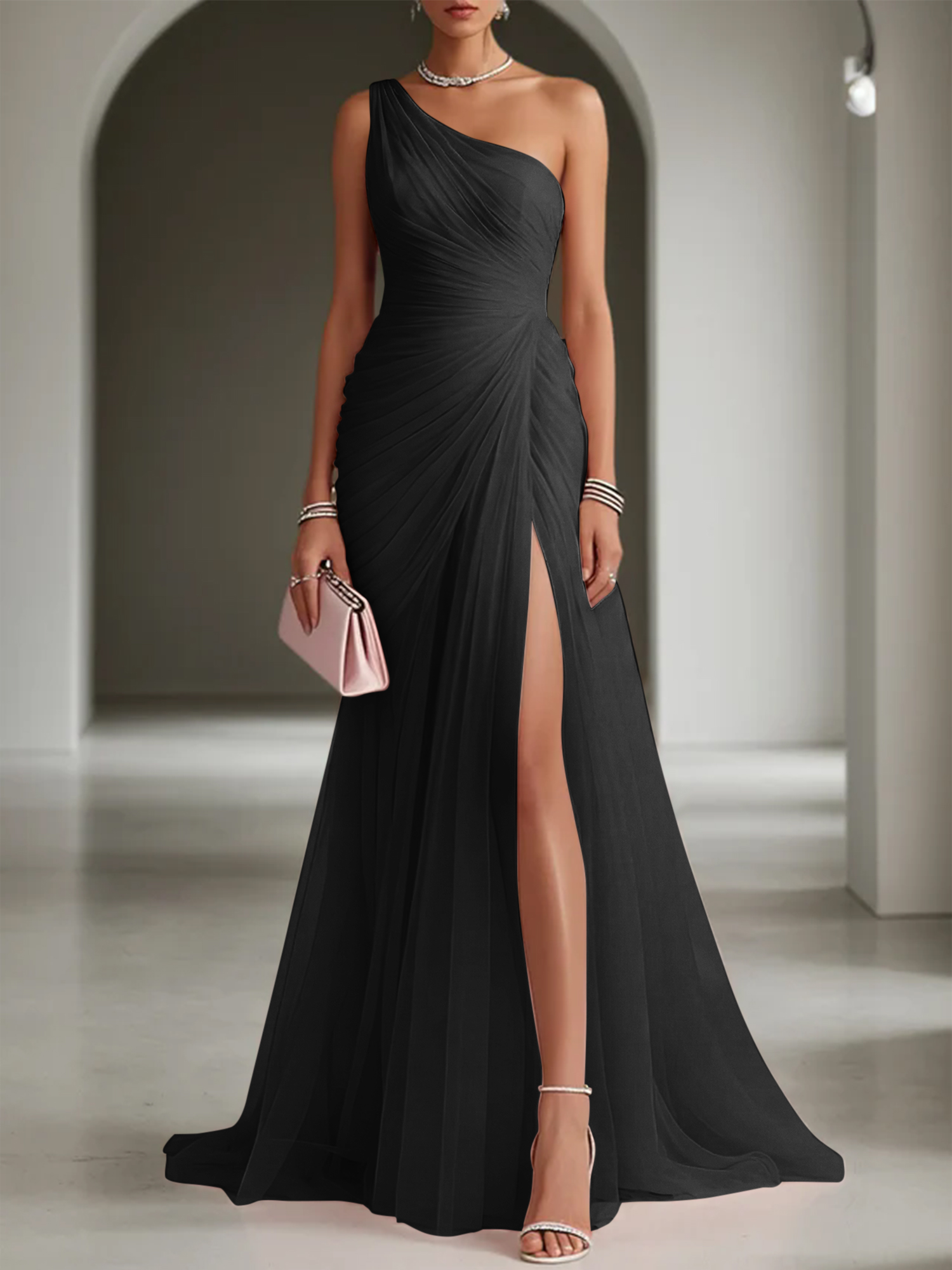 Pink Ruched Slit Tulle Strapless One Shoulder Sheath Gown Dress