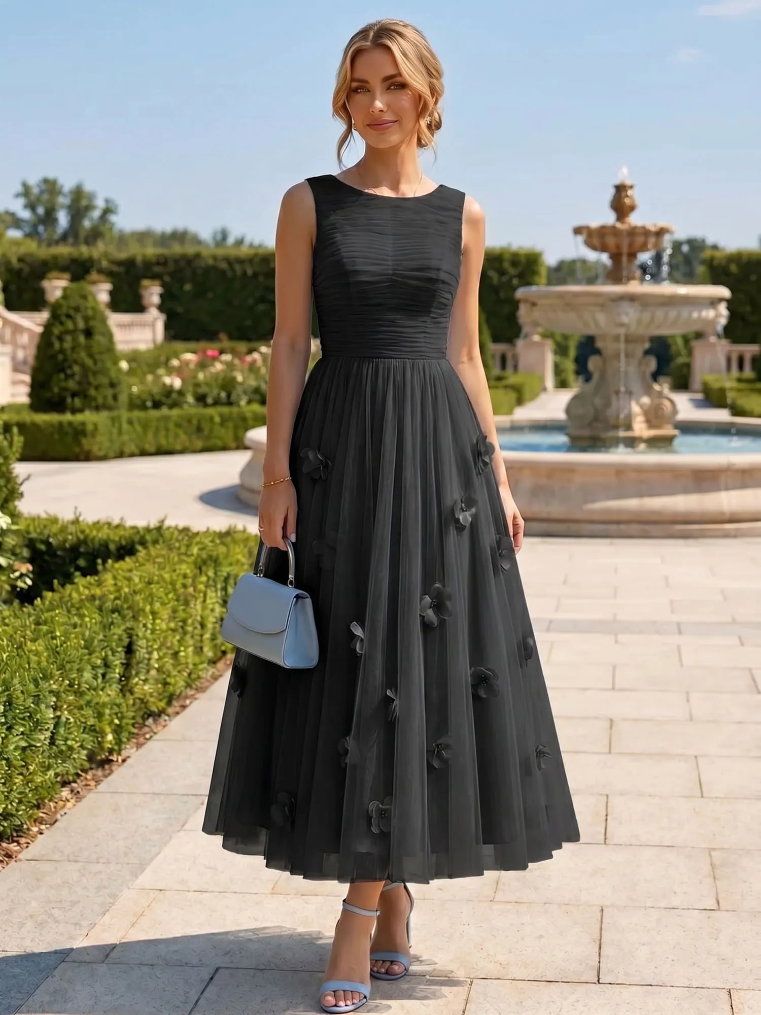 A Line Sleeveless Tulle Midi Dress with 3D Floral Appliqués
