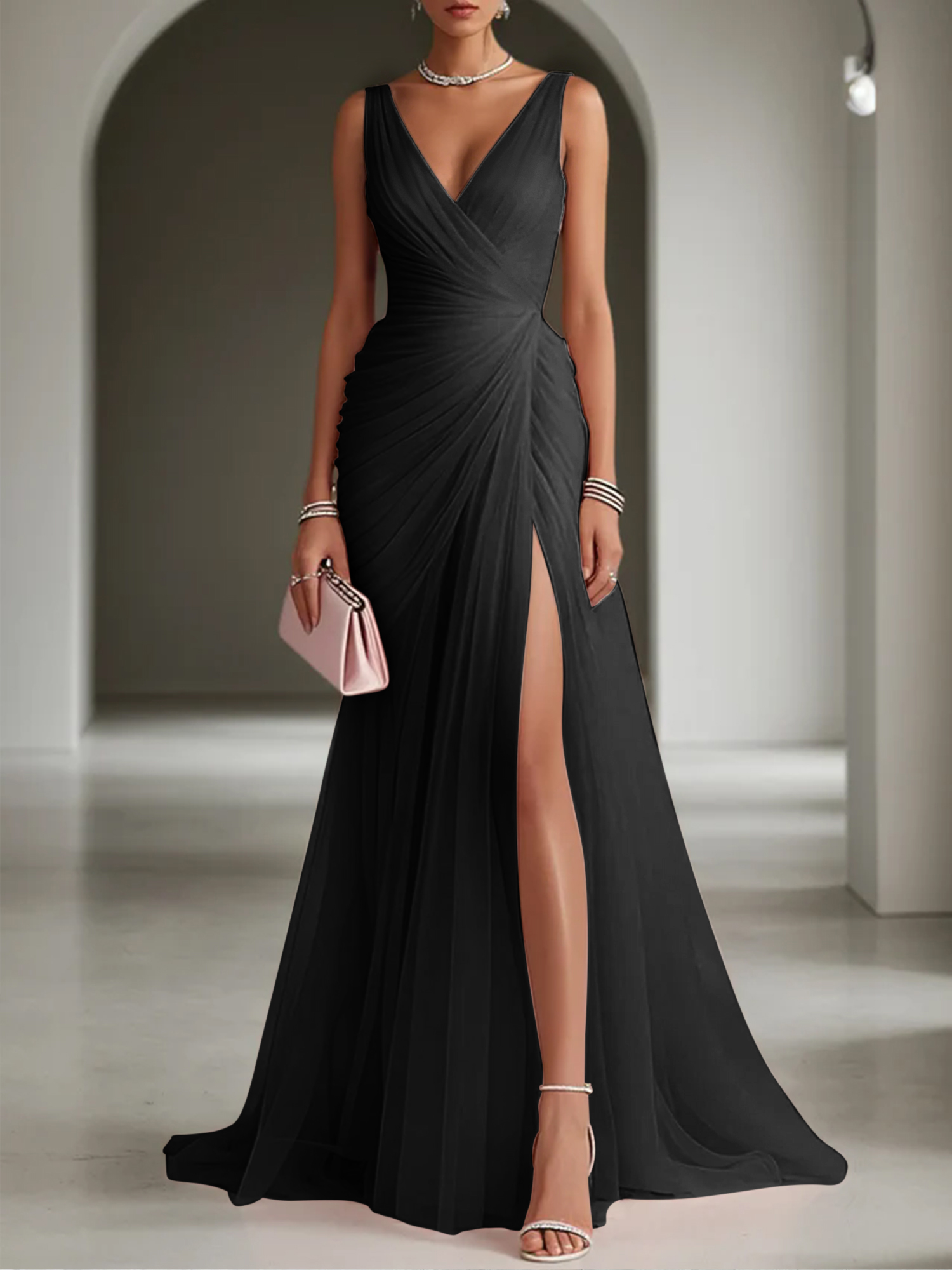 Pink Ruched Slit Tulle V Neck One Shoulder Sheath Gown Dress