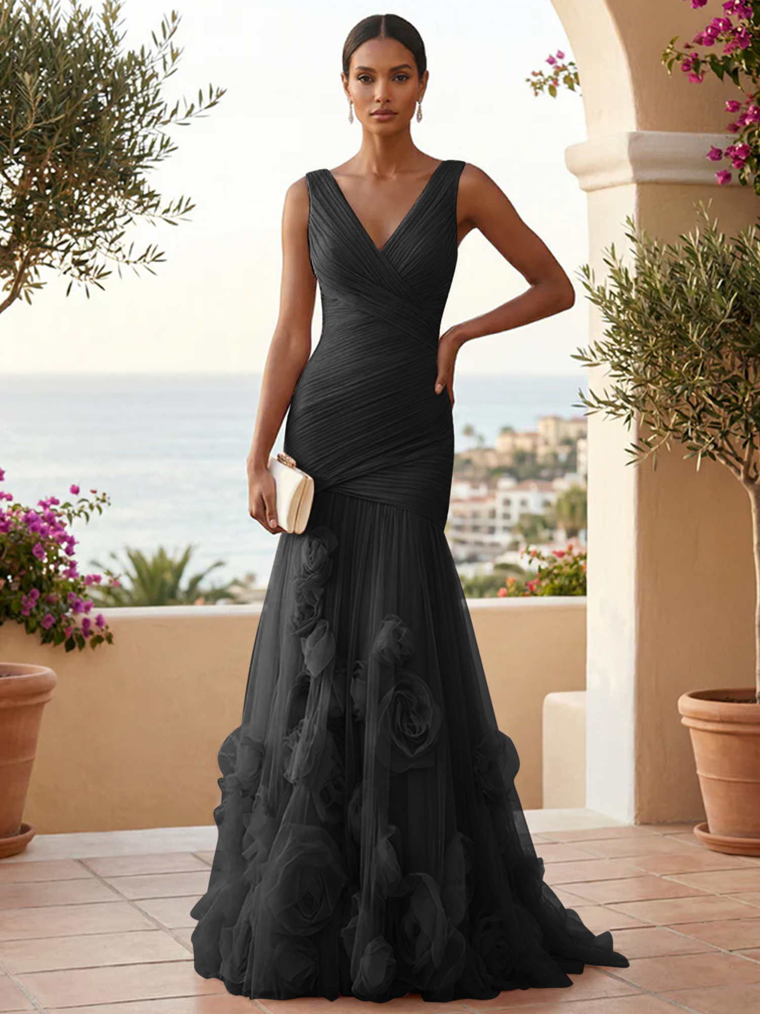 Sweetheart Tulle V Neck Pleat Mermaid Evening Dresses with 3D Flower
