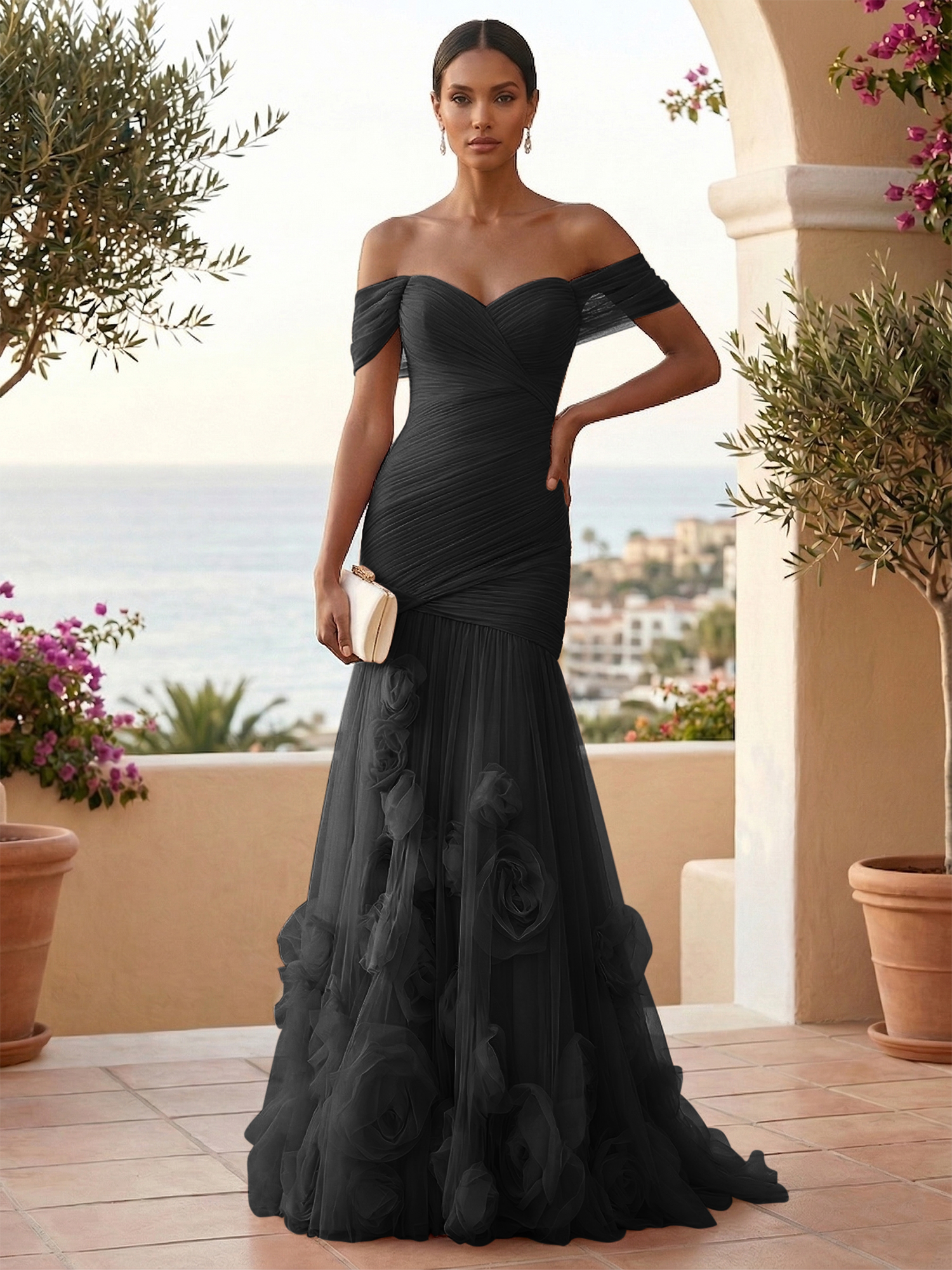 Sweetheart Tulle Off the Shoulder Pleat Mermaid Evening Dresses with 3D Flower