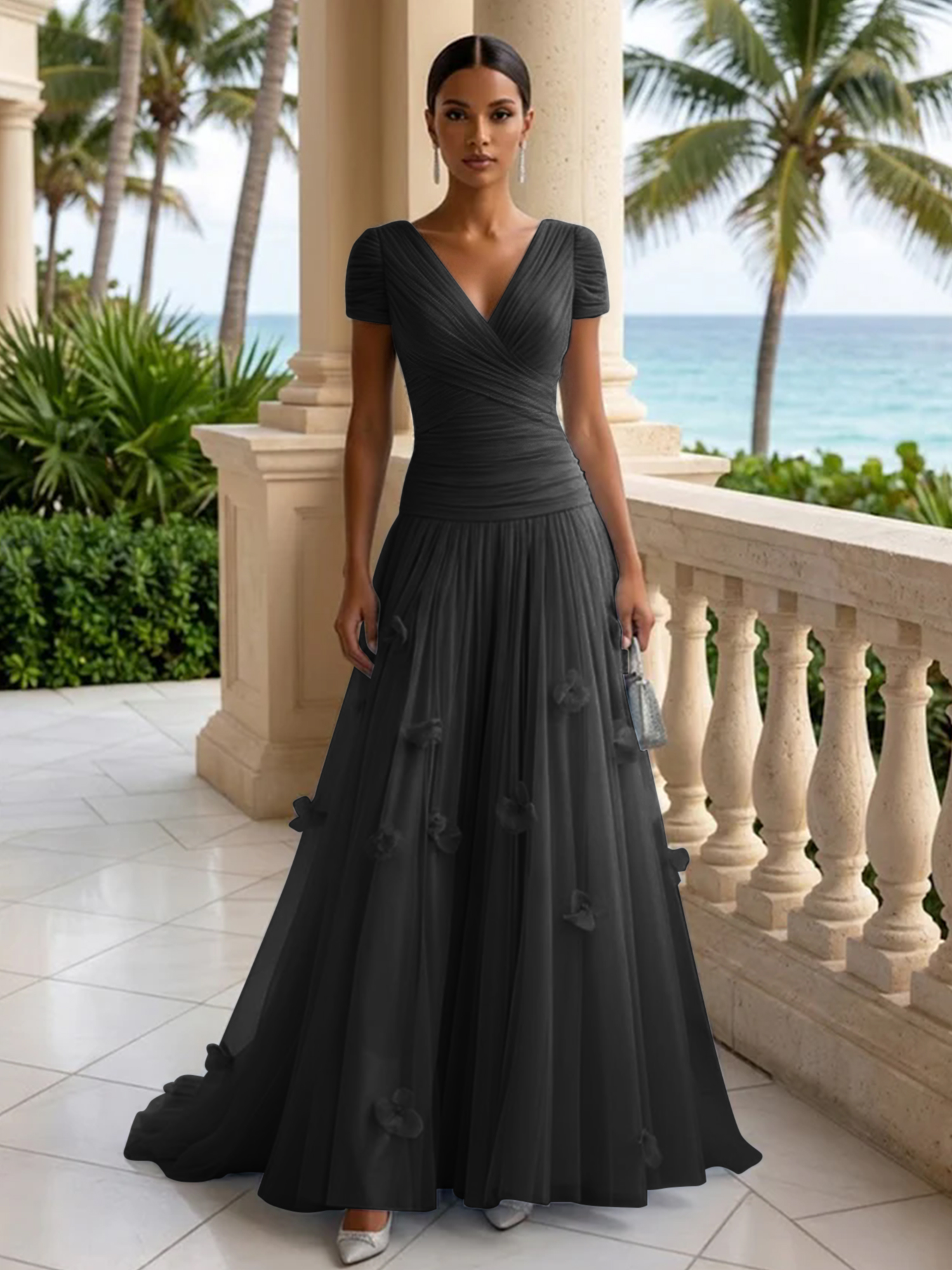 Elegant V-Neck Ruched Tulle A-Line Evening Gown with 3D Floral Appliqués