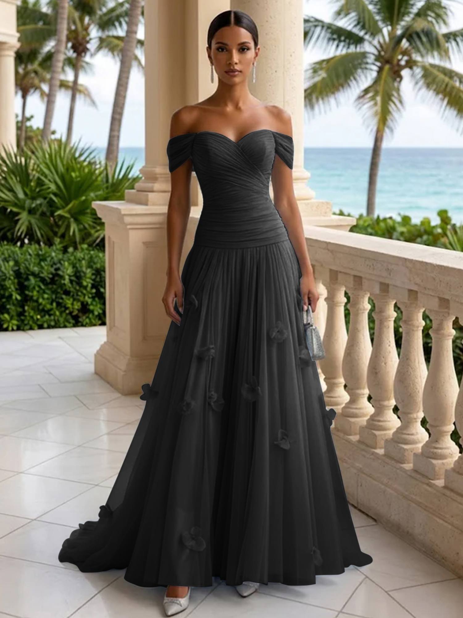 Elegant Off-the-Shoulder Ruched Tulle A-Line Evening Gown with 3D Floral Appliqués