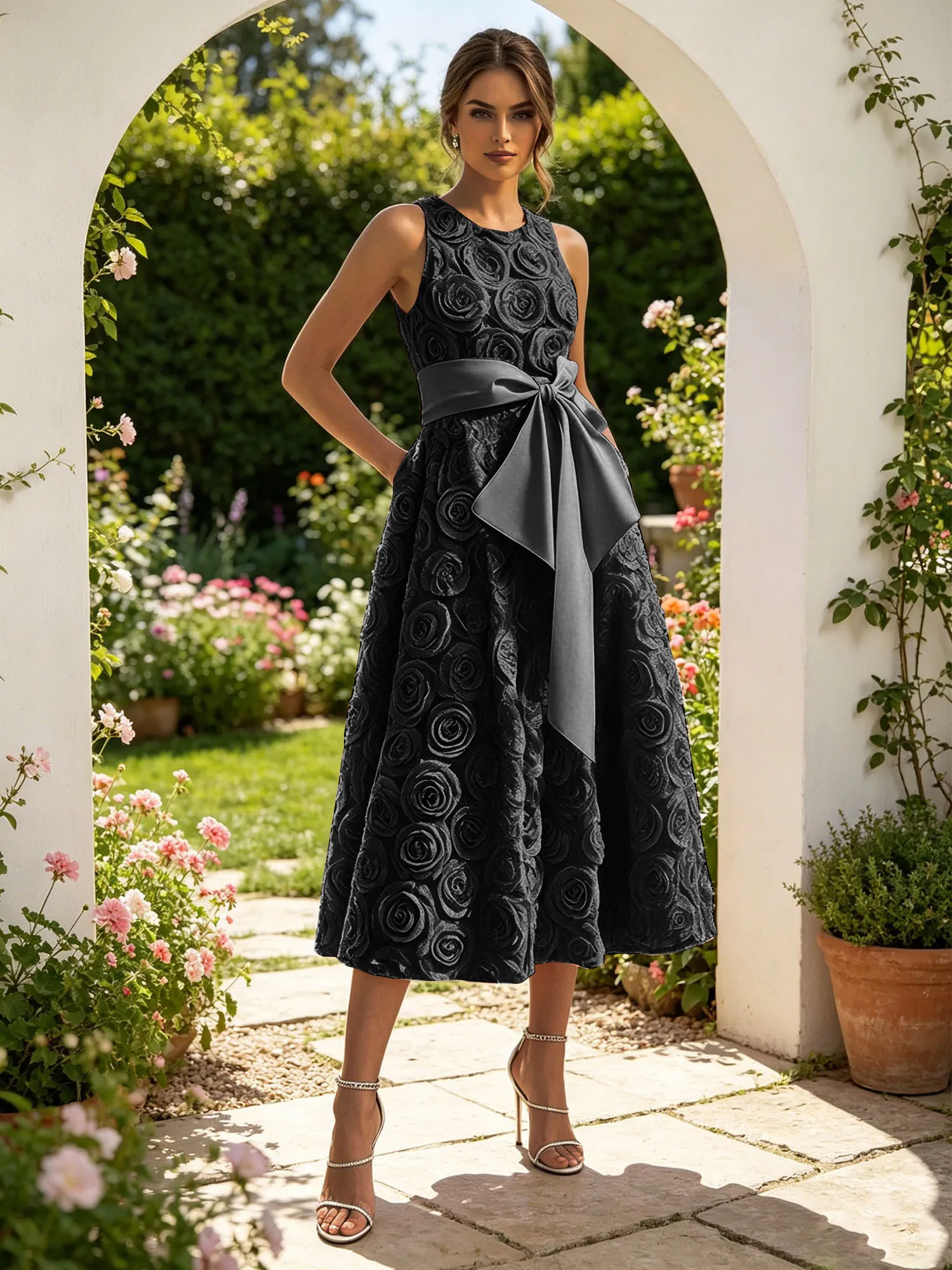 Sleeveless 3D Rose Midi Evening Dress with Satin Bow Sash