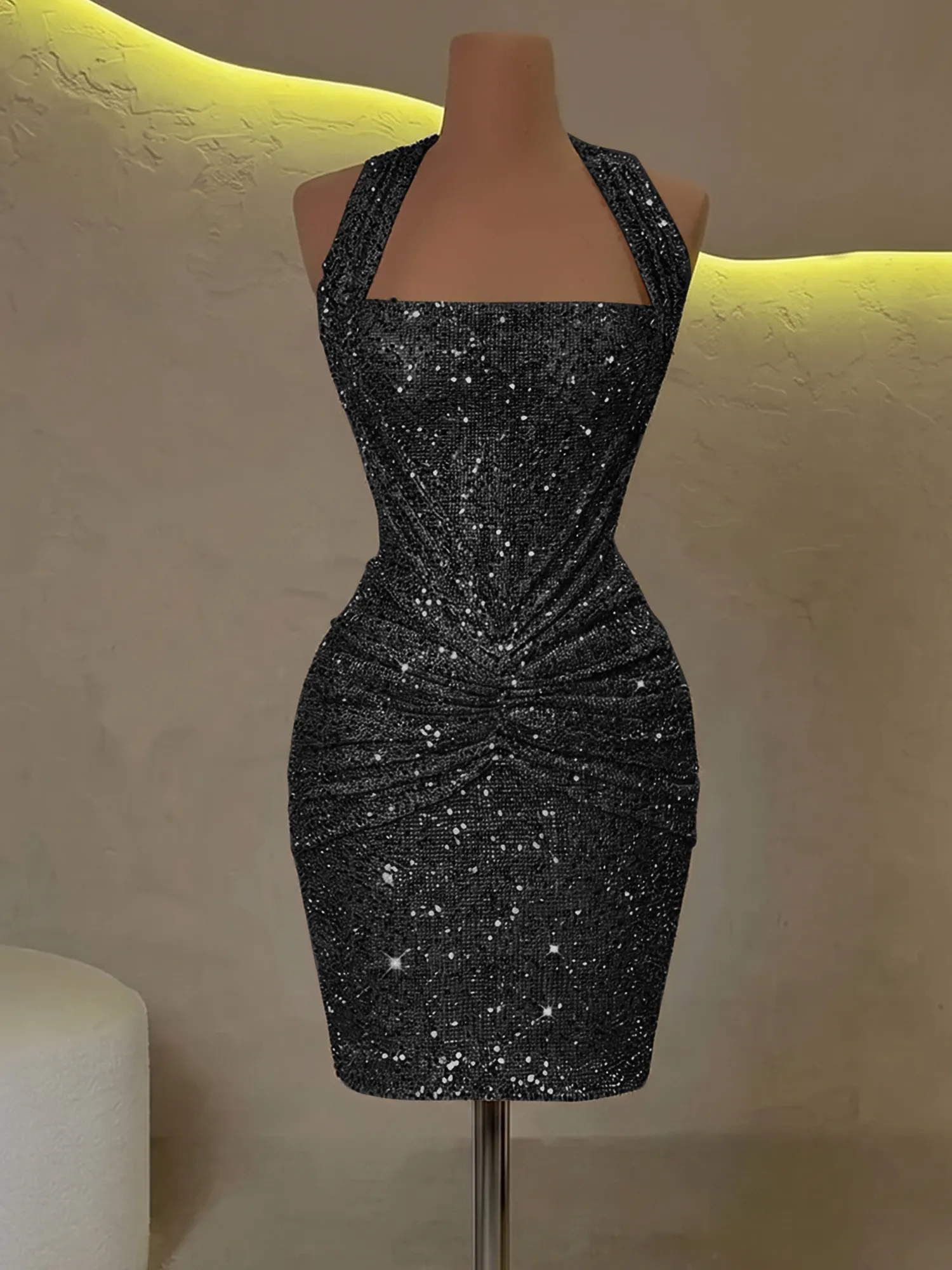Halter Sequin Corset Ruched Homecoming Dress