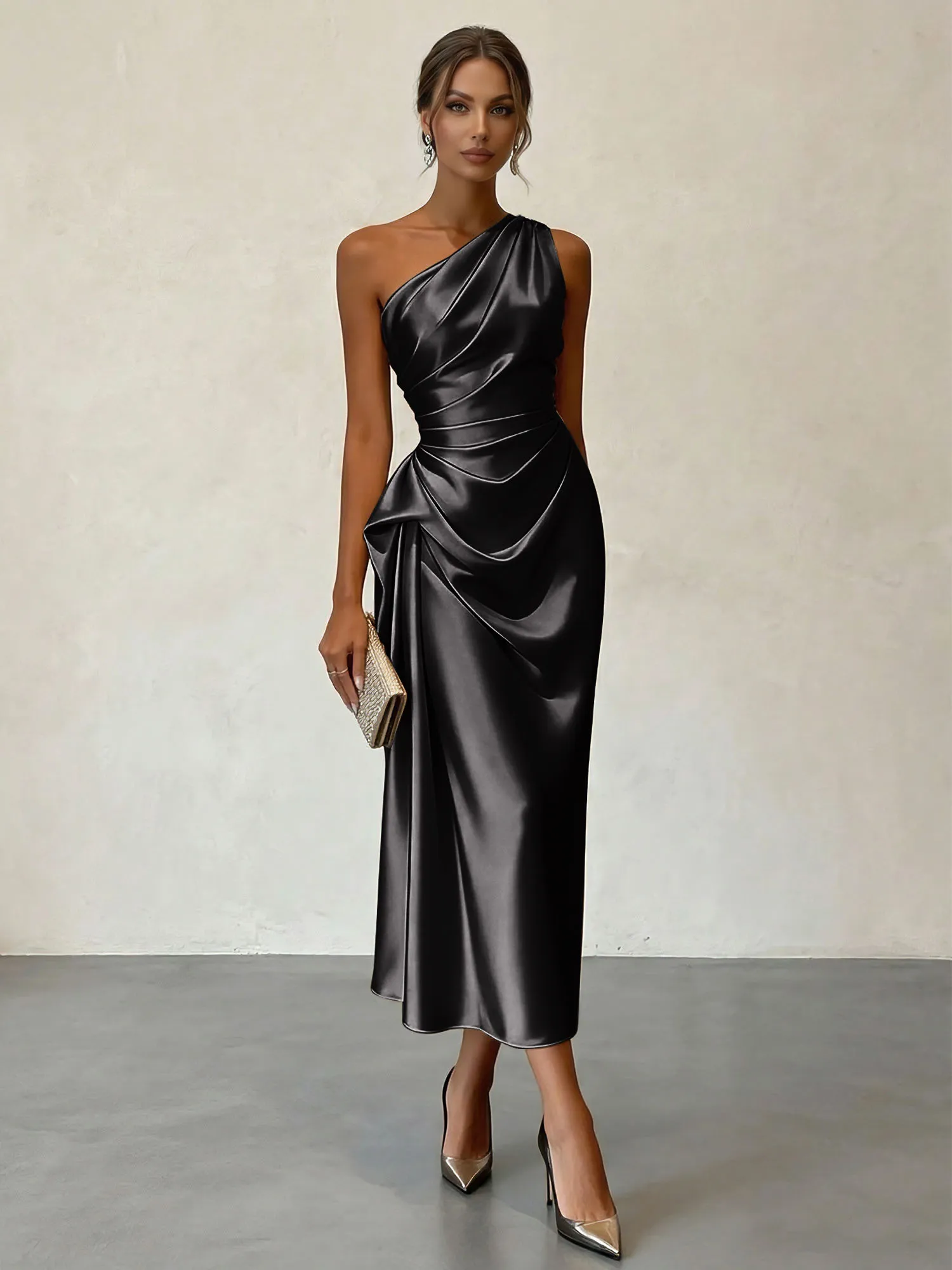 One-Shoulder Ruched Satin Midi Evening Dress with Draped Detail