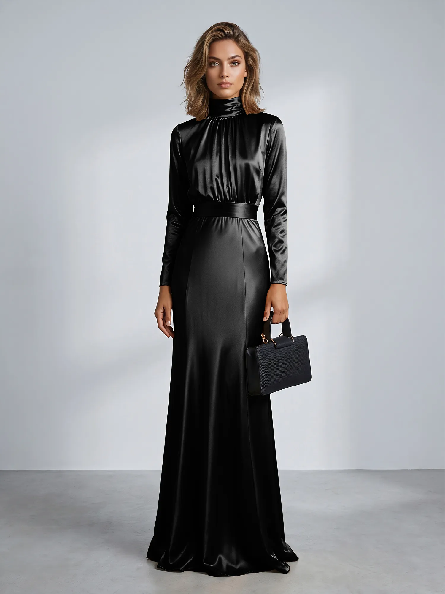 High Neck Long Sleeve Satin Mermaid Evening Gown with Waist Sash