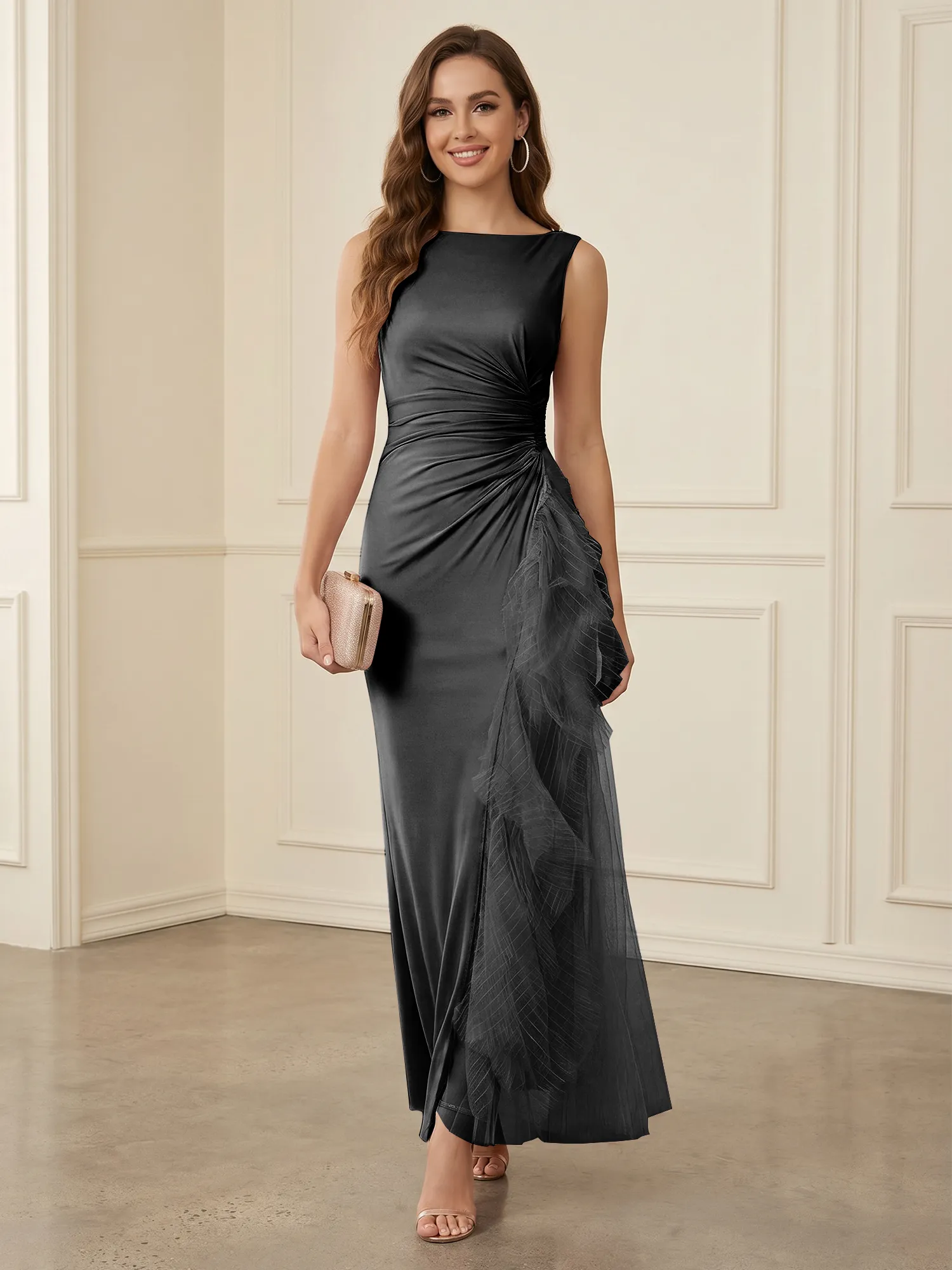 Sleeveless Ruched Sheath Evening Gown with Tulle Ruffle Detail