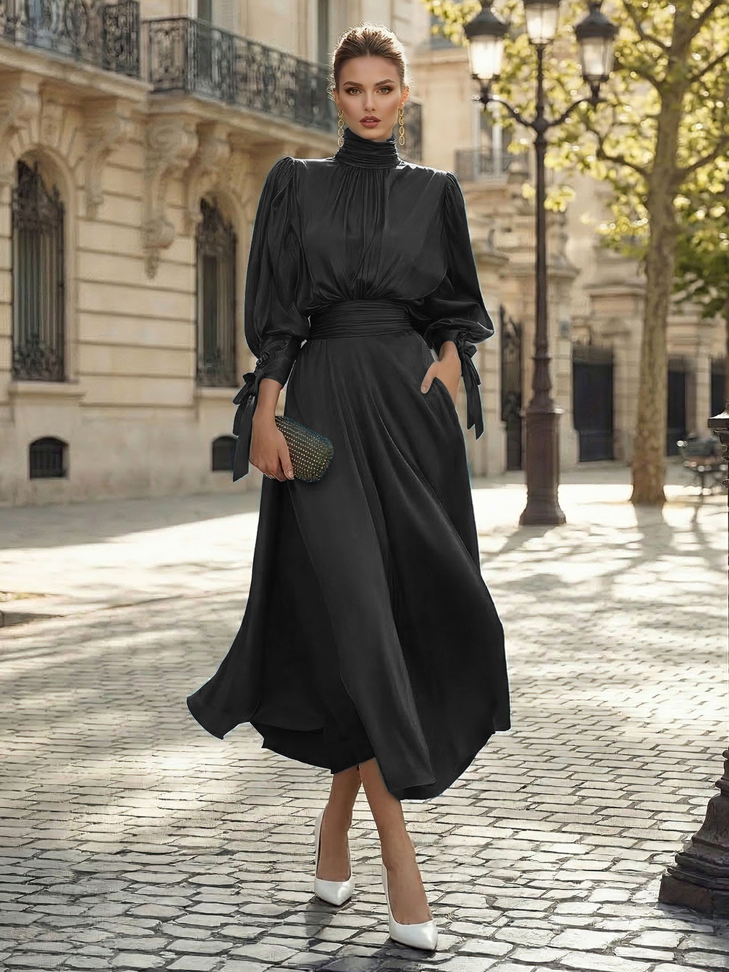 Sophisticated Camel V-Neck Balloon Sleeve Midi Dress Evening Gown