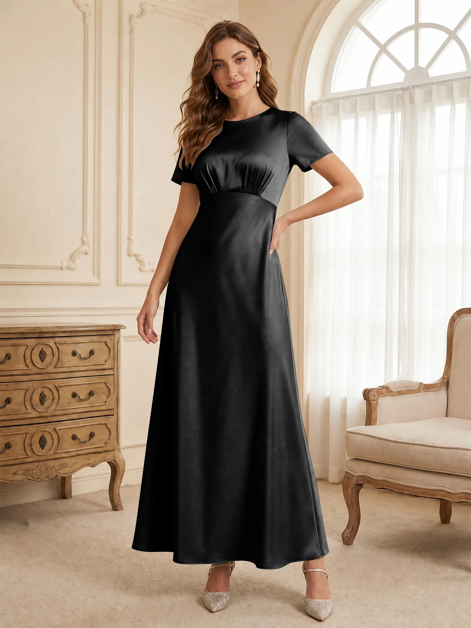 Round Neck Short Sleeve Satin Bridesmaid Dress