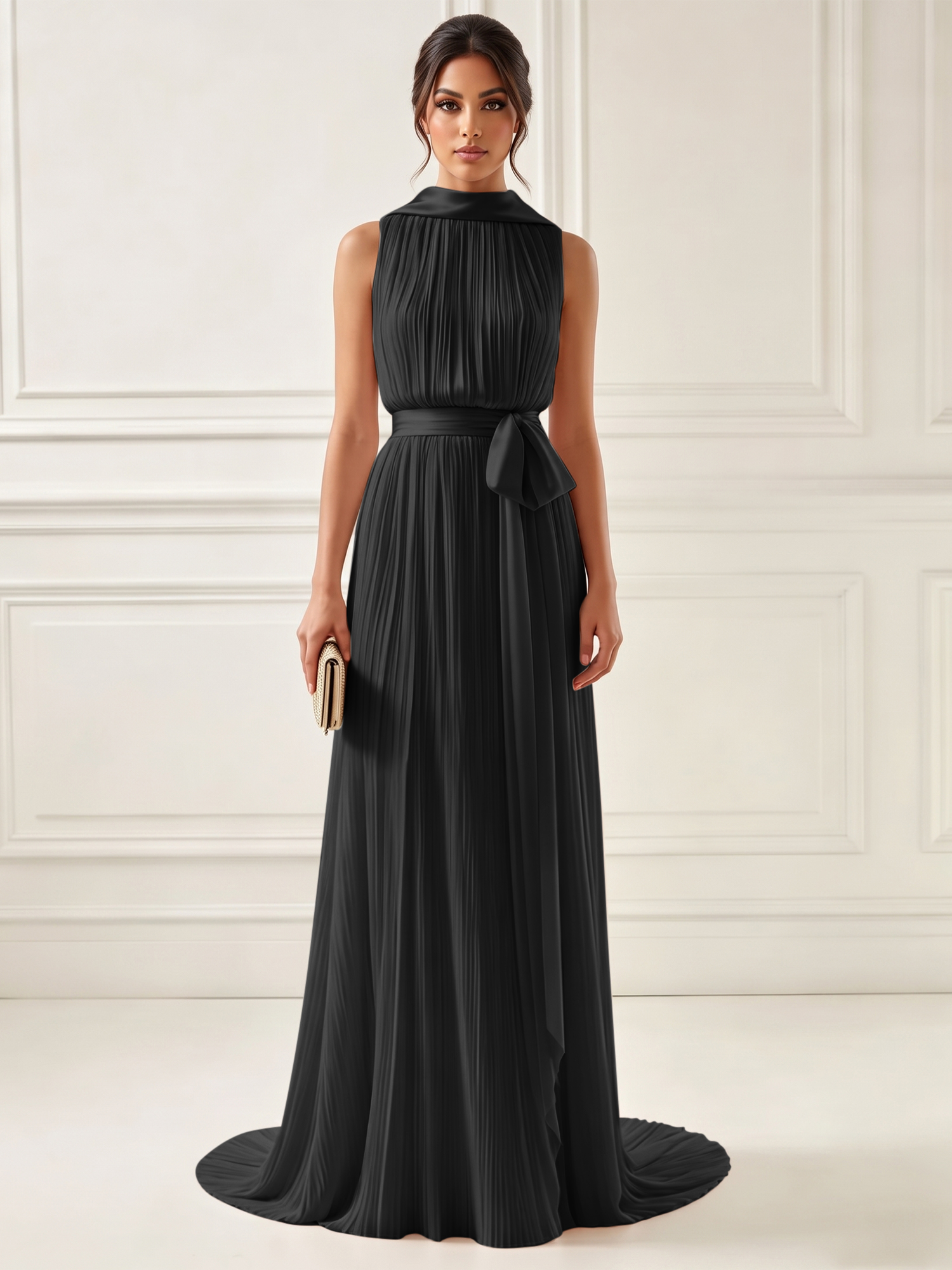 Ethereal Pleated Pastel Pink High Neck Maxi Formal Evening Dress with Satin Sash