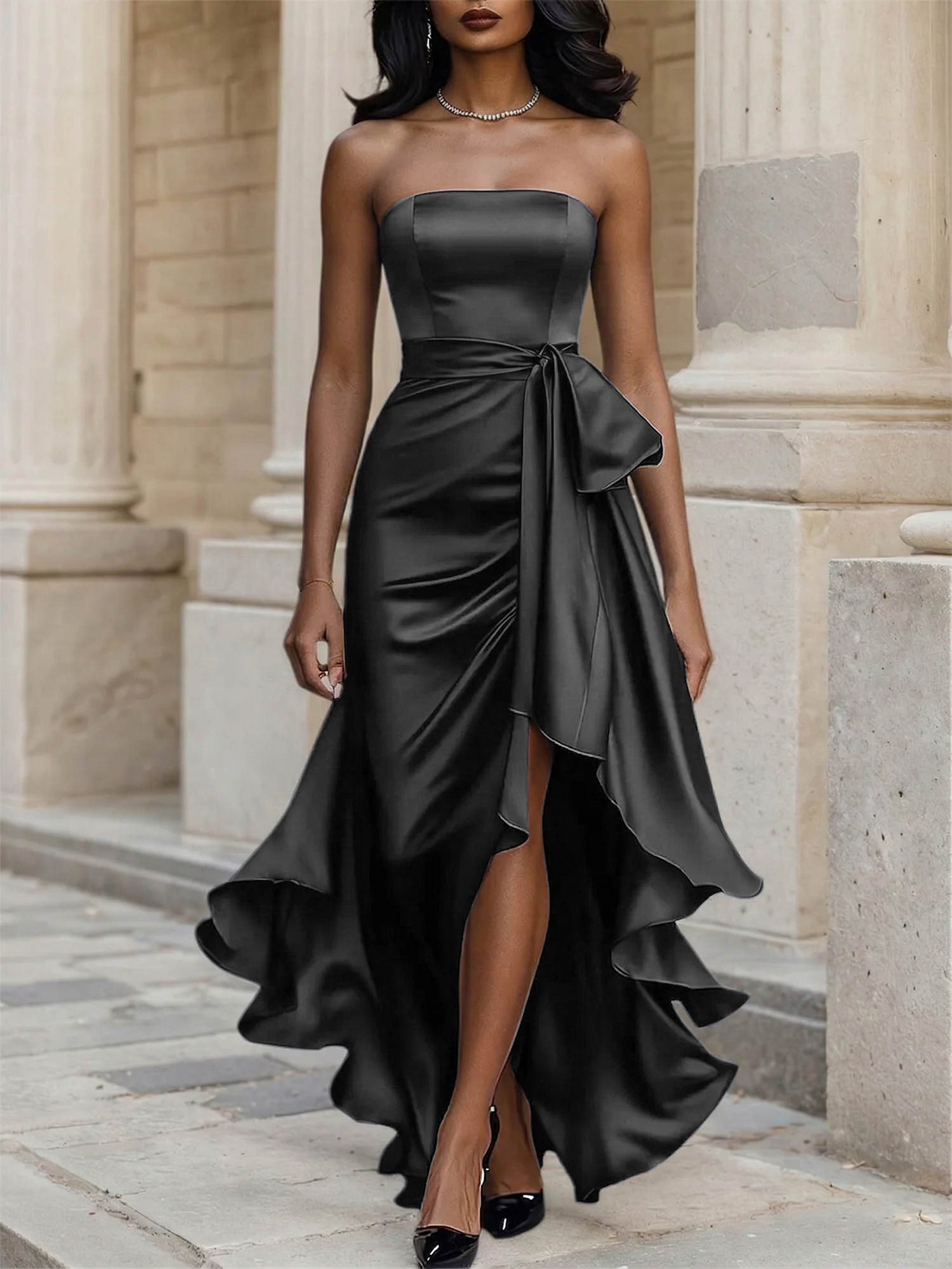 Glamorous Formal Dress Midnight Navy Strapless High-Low Satin Gown Midi Dress