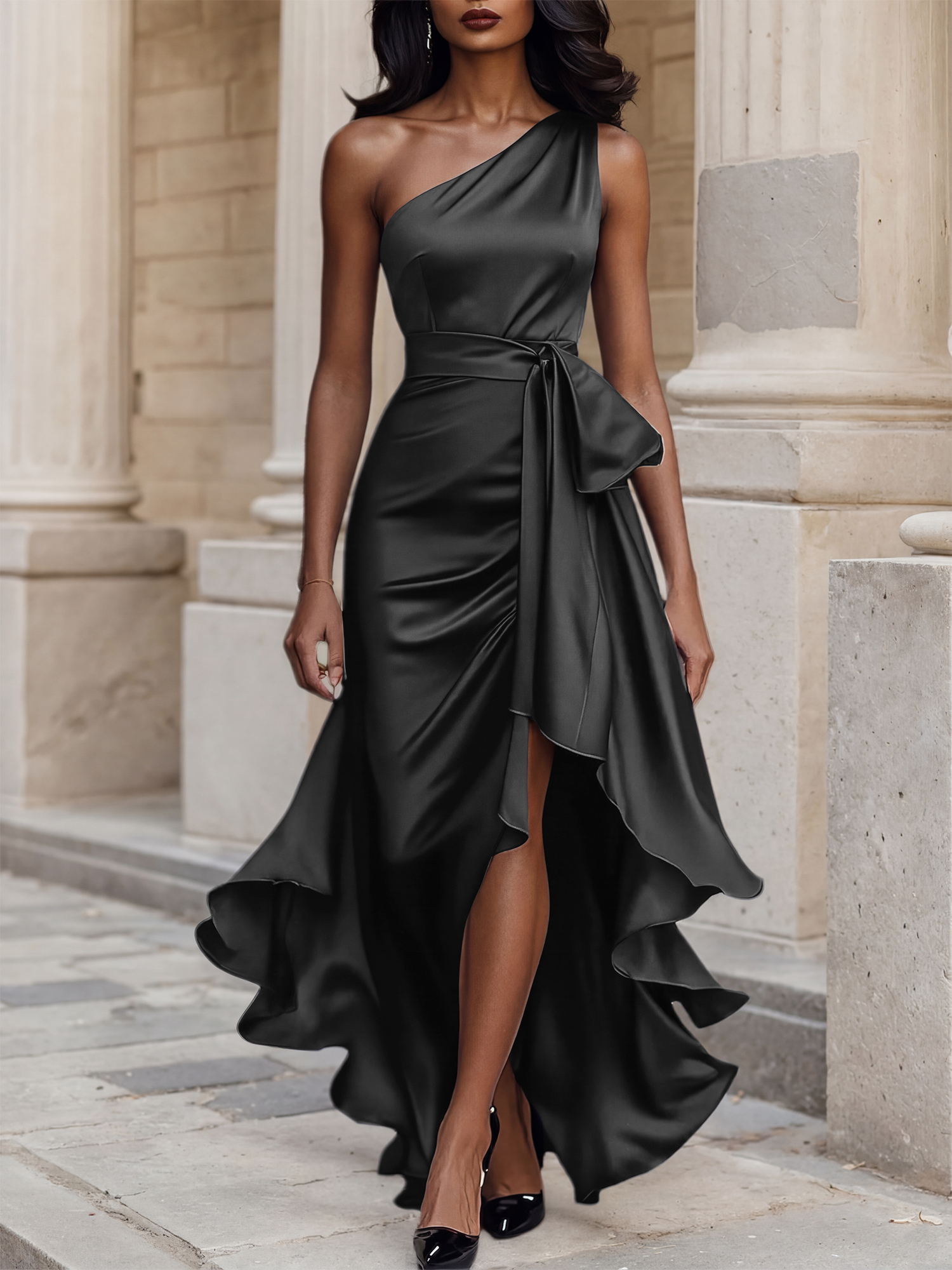 Glamorous Formal Dress Midnight Navy One Shoulder High-Low Satin Gown Midi Dress