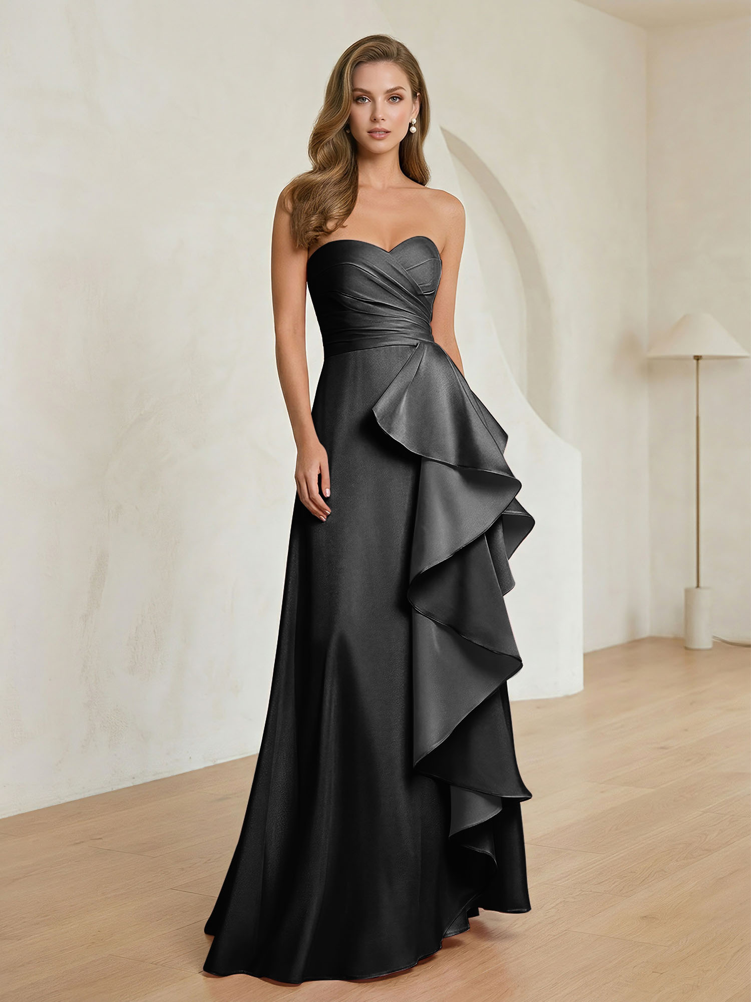 Formal Evening Dress Blush Strapless Ruffle Maxi Dress Gown