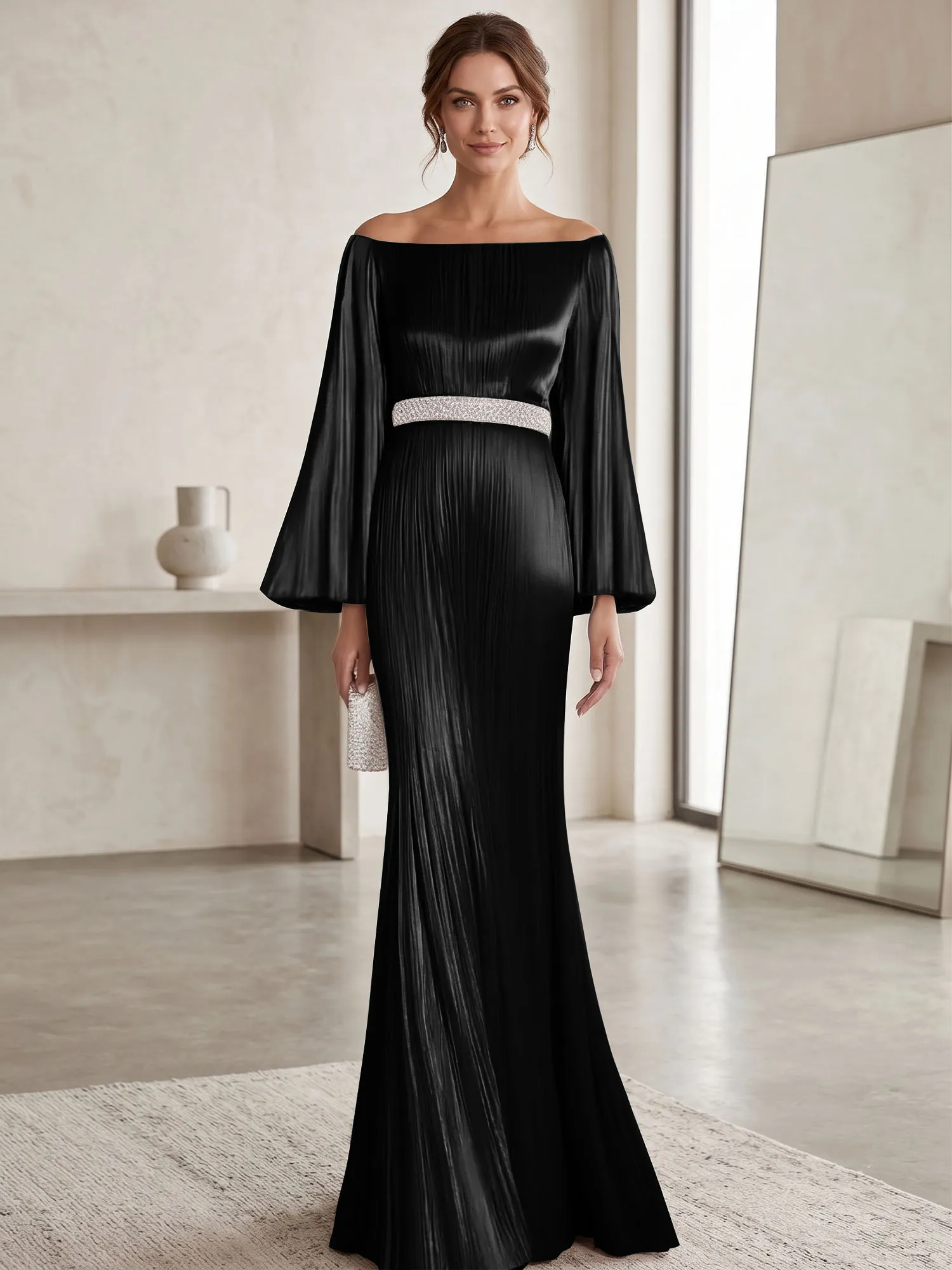Off-the-Shoulder Pleated Satin Evening Gown with Beaded Waistband