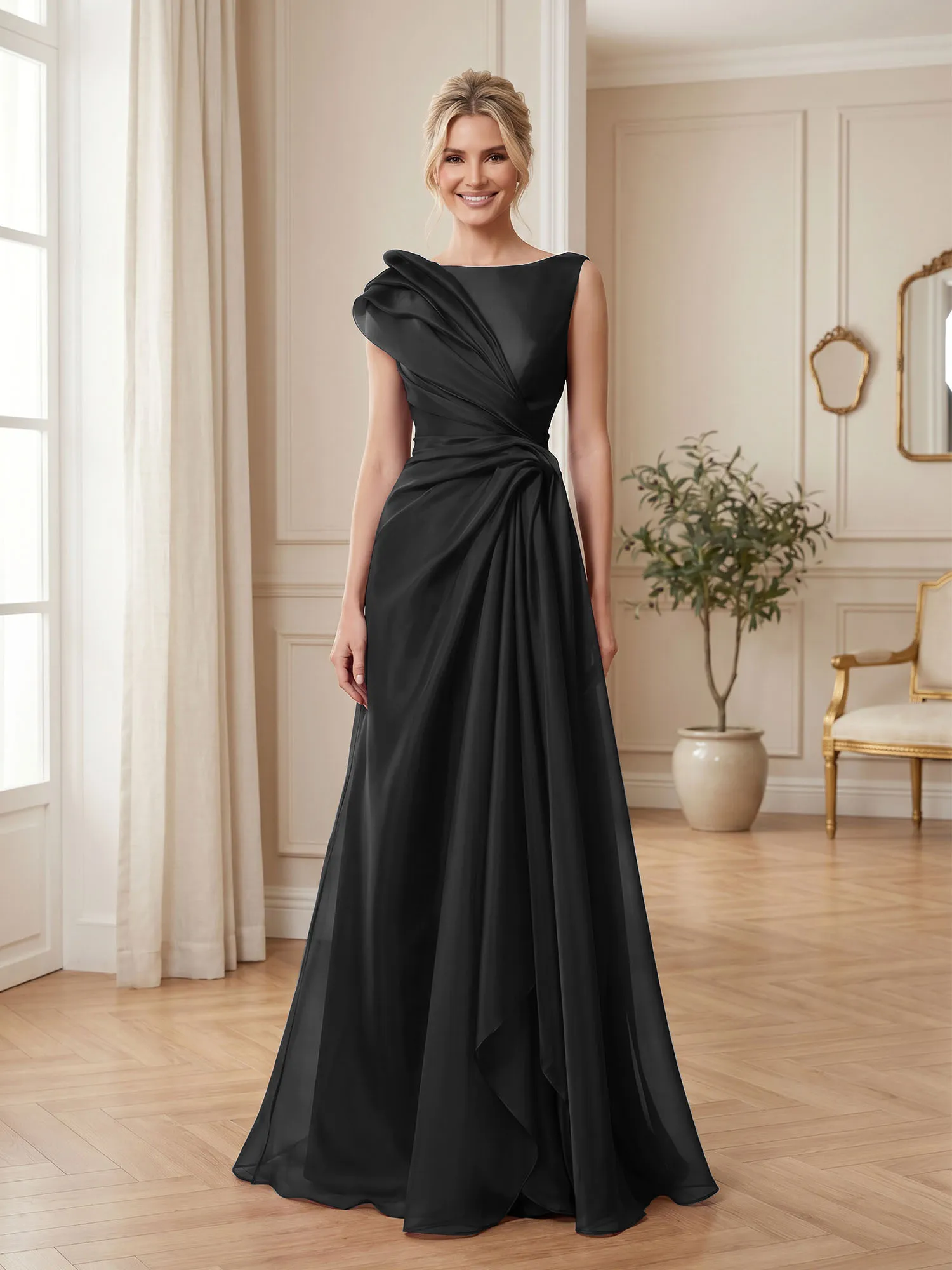 A Line Ruched Draped Tulle Evening Gown