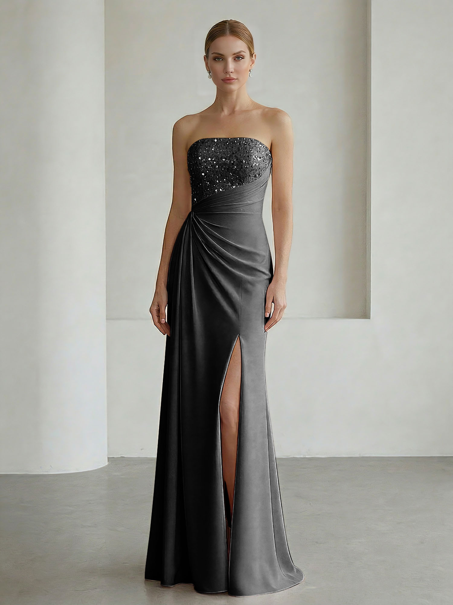 Glamorous Formal Evening Dress Soft Blush Beaded Strapless Slit Gown
