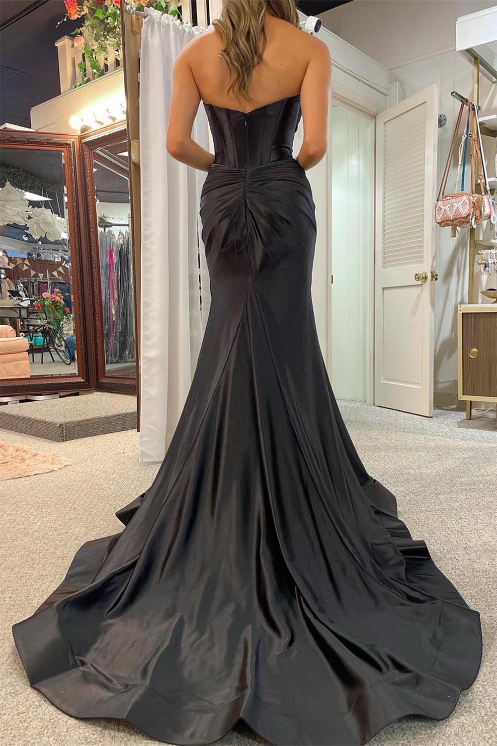 Black Mermaid Strapless Keyhole Satin Long Prom Dress with Slit