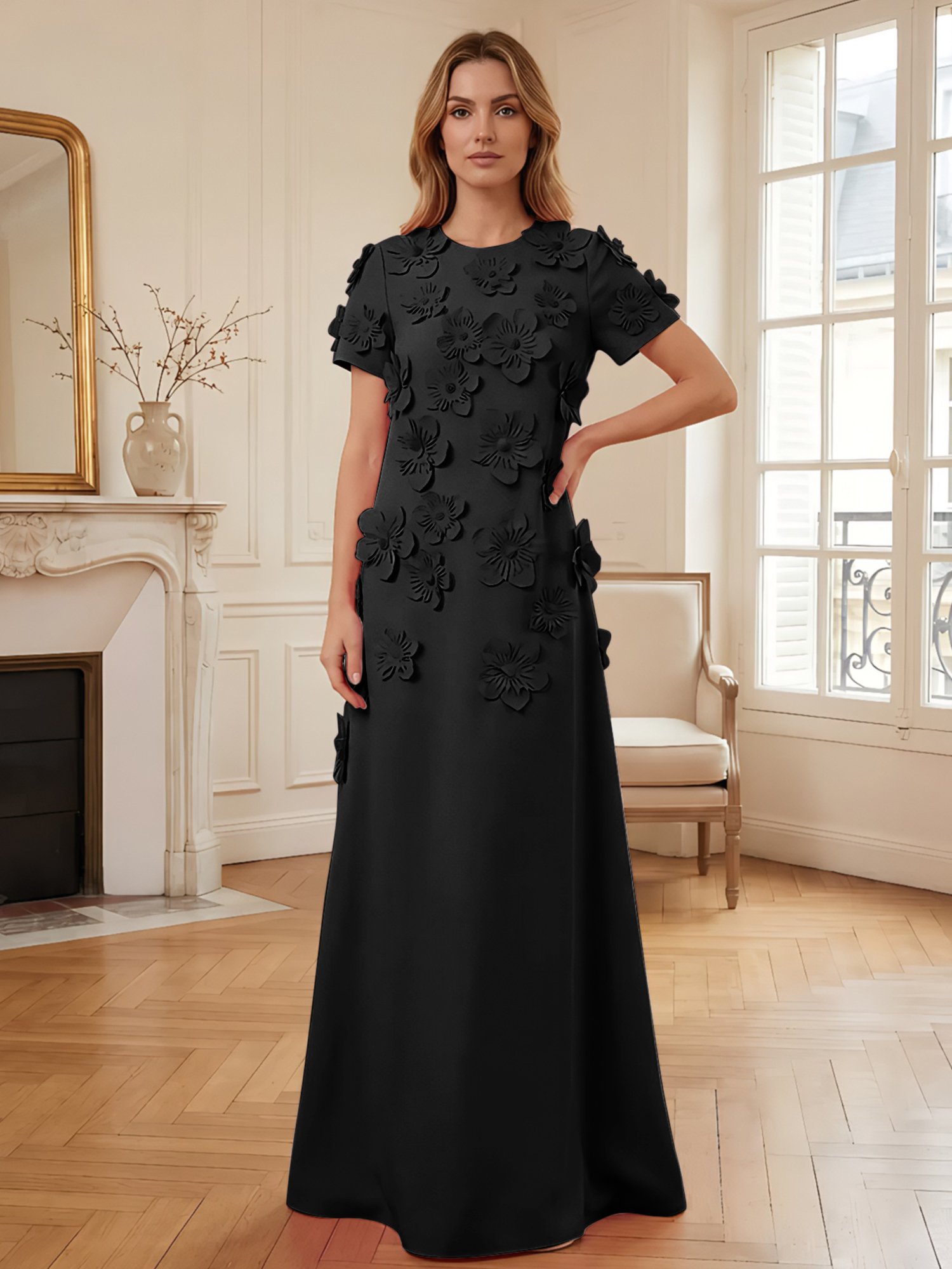 3D Floral Applique Short-Sleeve Column Evening Gown
