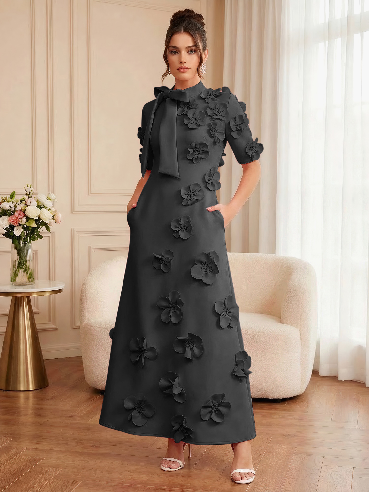 Pink Short Sleeve 3D Floral Maxi Dress Gown