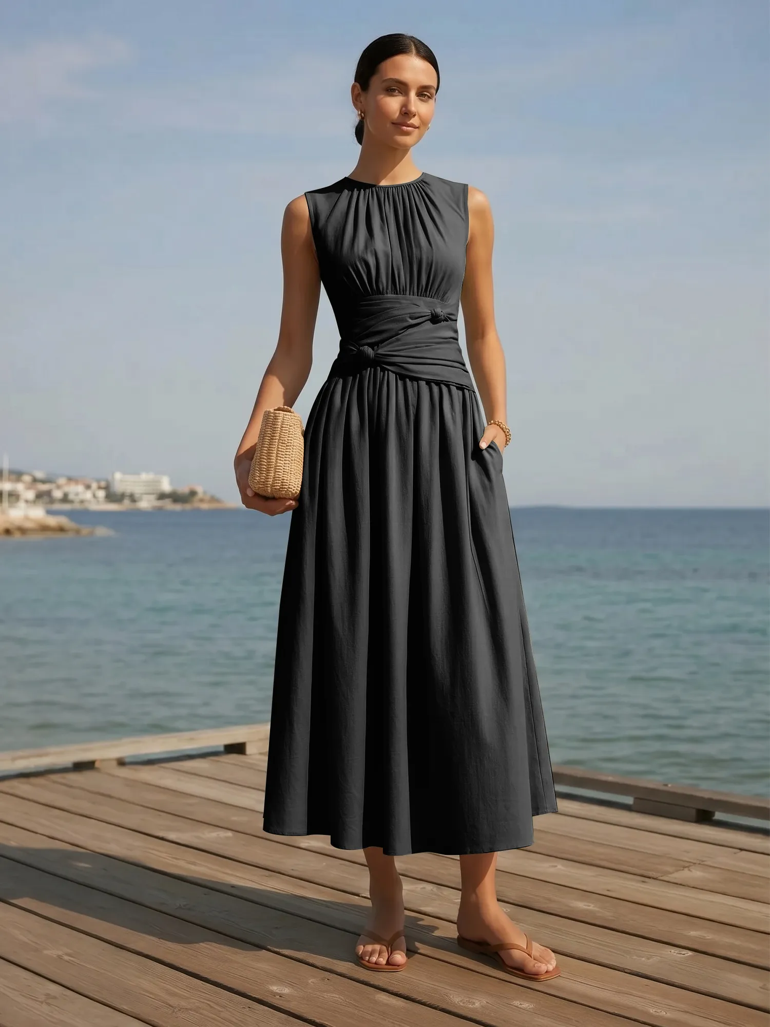 Sleeveless Round Neck Waist-Knot Midi Evening Dress