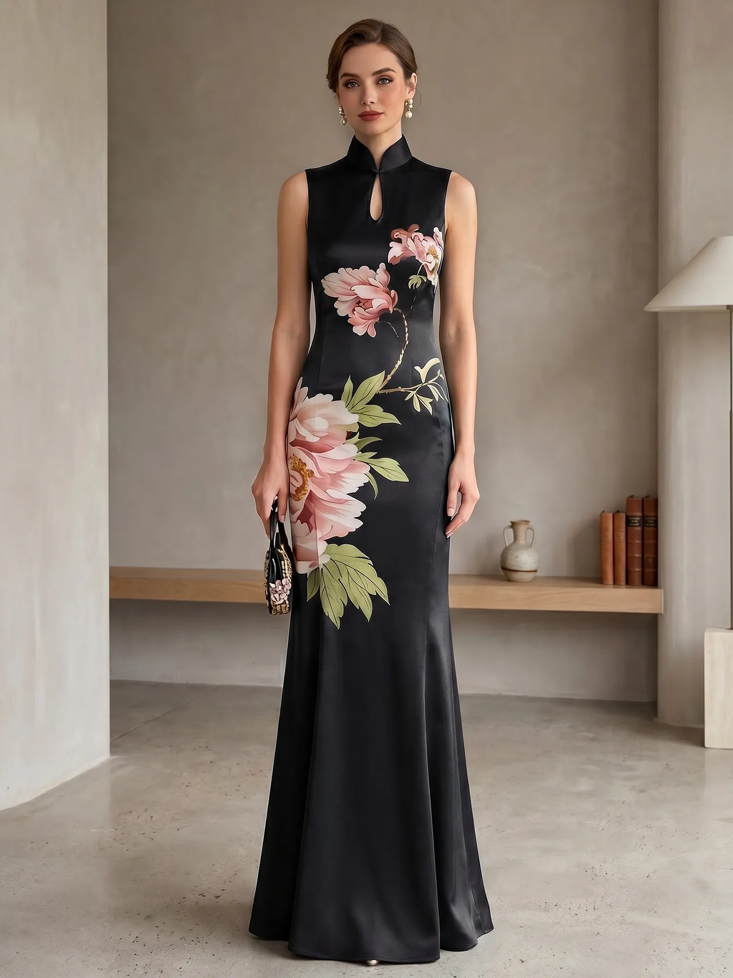 Satin Qipao-Inspired Floral Mermaid Evening Gown