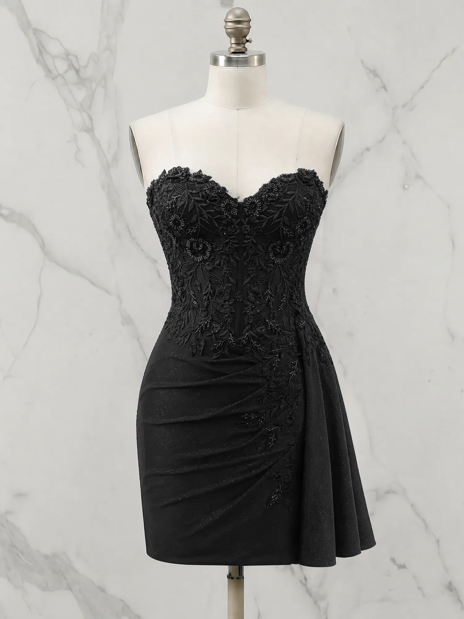 Strapless Lace Appliqué Glitter Homecoming Dress with Side Drape