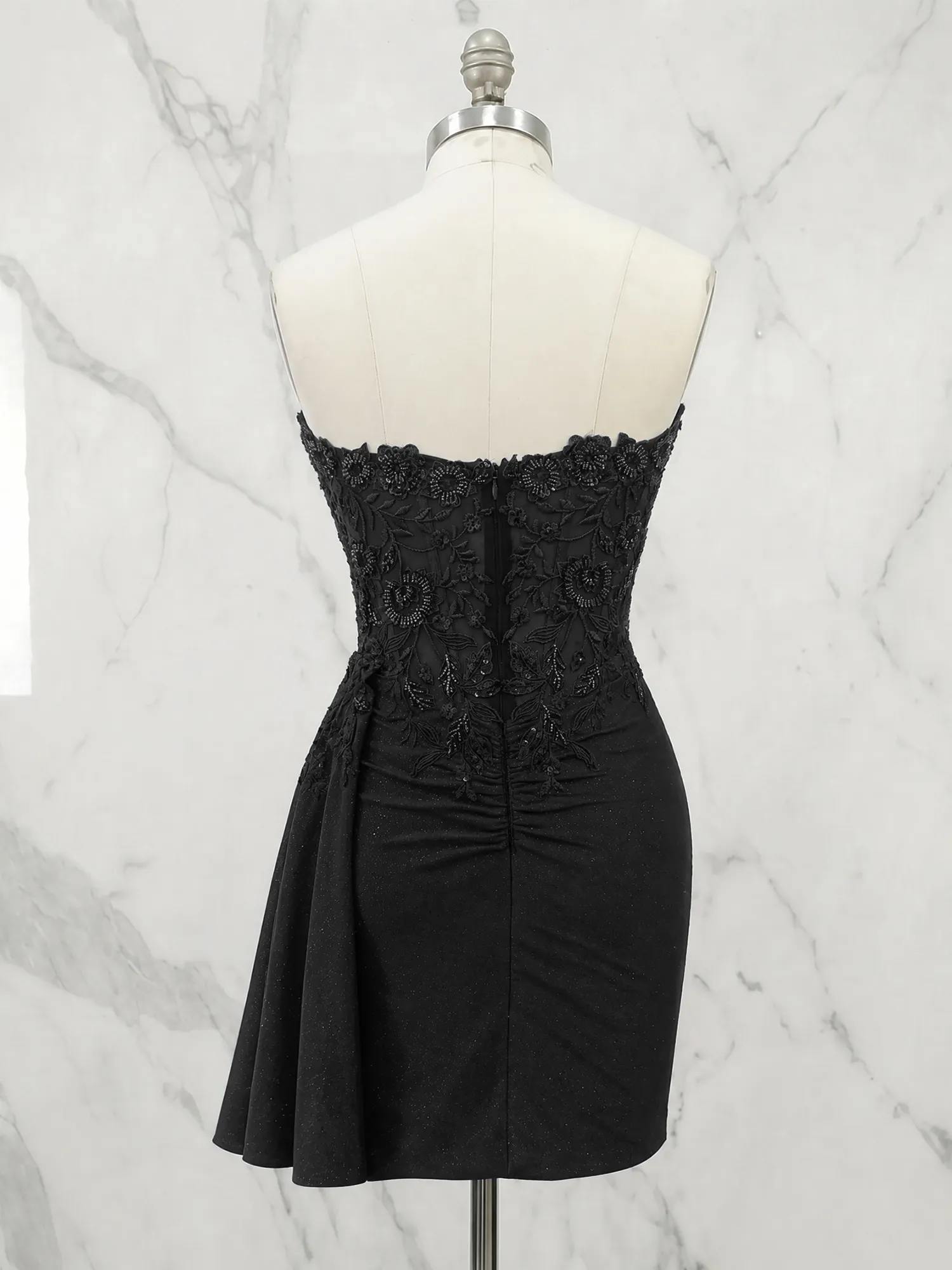 Strapless Lace Appliqué Glitter Homecoming Dress with Side Drape
