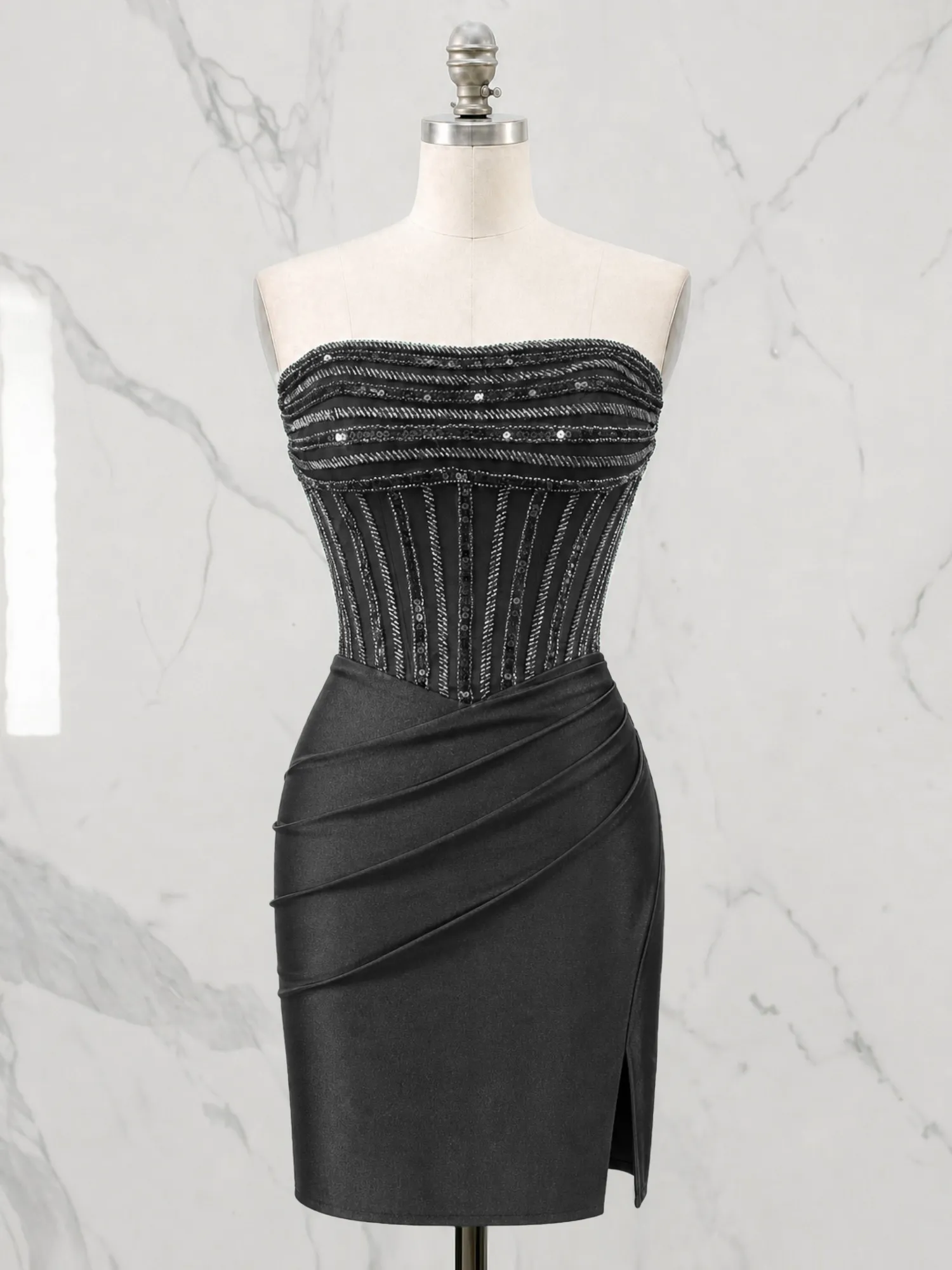 Strapless Beaded Corset Homecoming Dress with Ruched Skirt