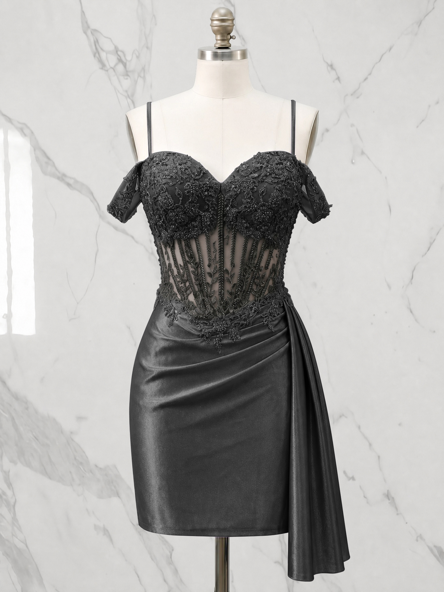 Off-the-Shoulder Lace Corset Homecoming Dress with Side Drape