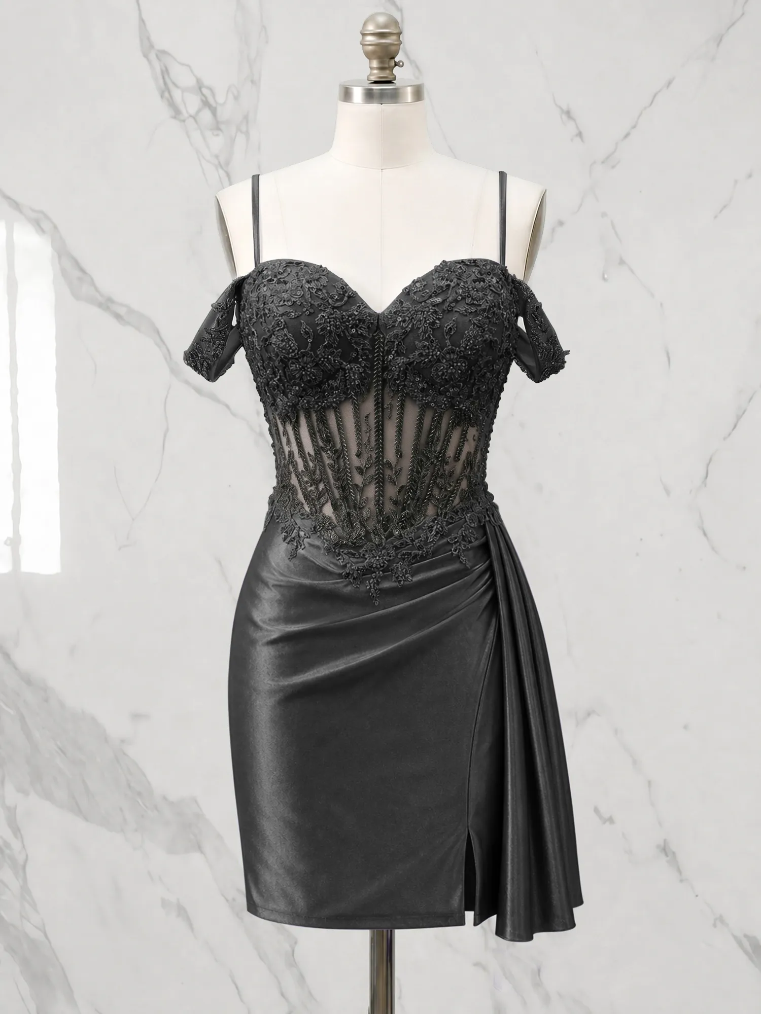 Off-the-Shoulder Lace Corset Homecoming Dress with Draped Skirt
