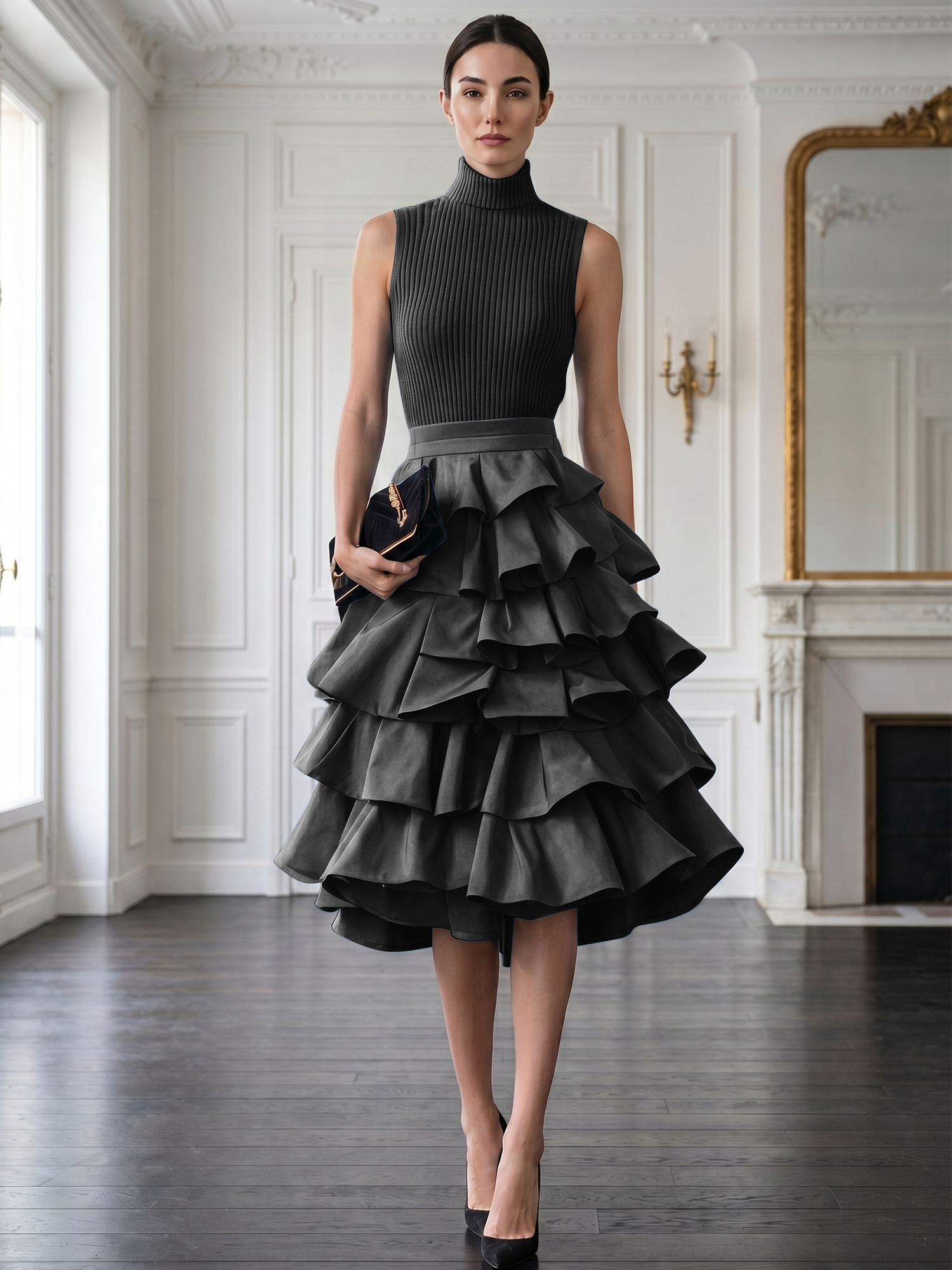 Avant-Garde Black High-Neck Tiered Ruffled Evening Gown