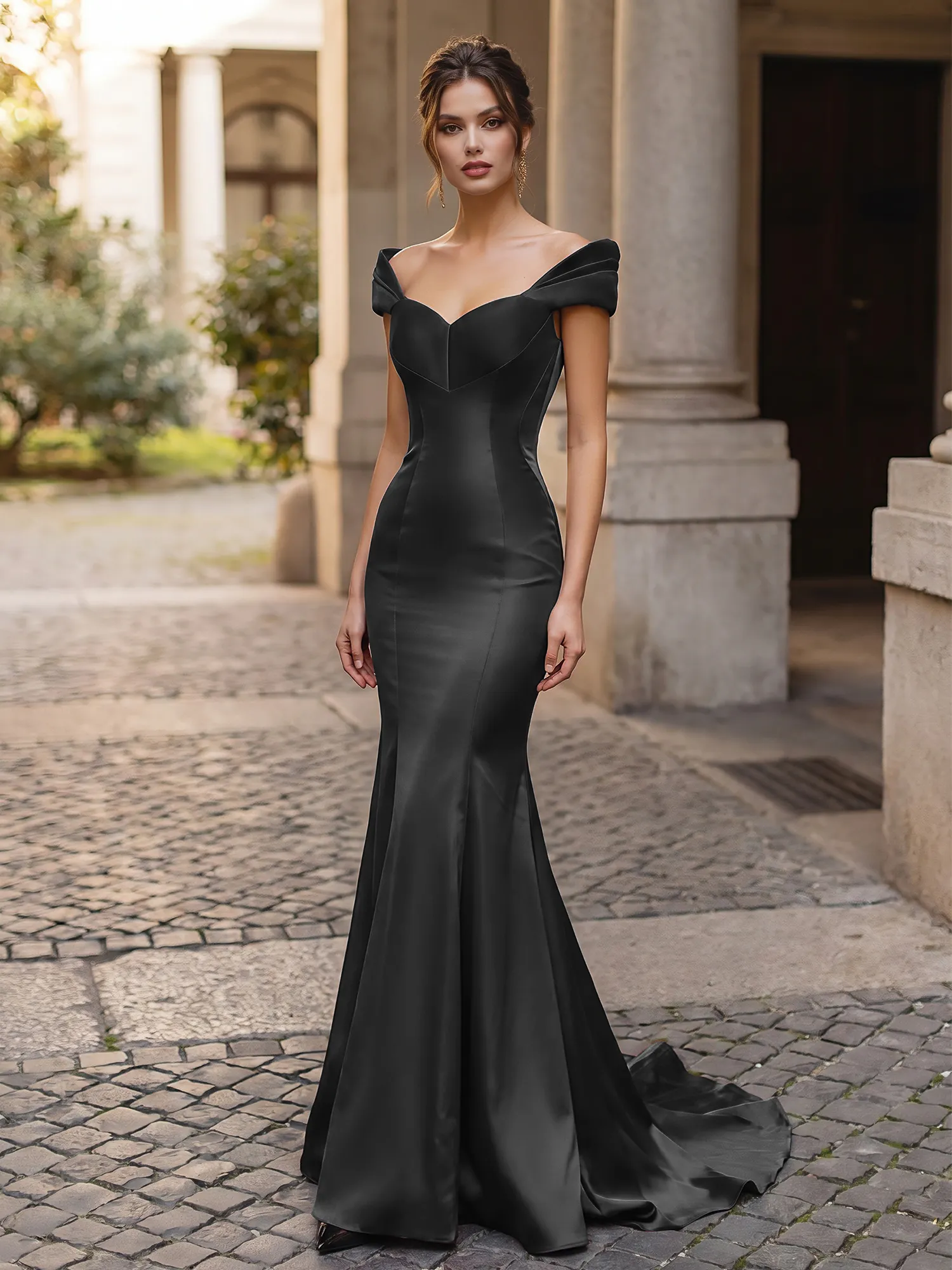 Off-the-Shoulder Sweetheart Lace-Up Back Satin Mermaid Prom Dress