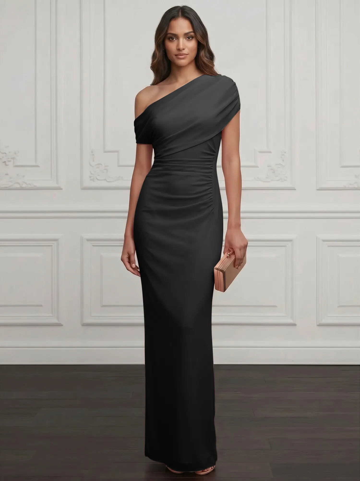 One-Shoulder Draped Chiffon Evening Gown