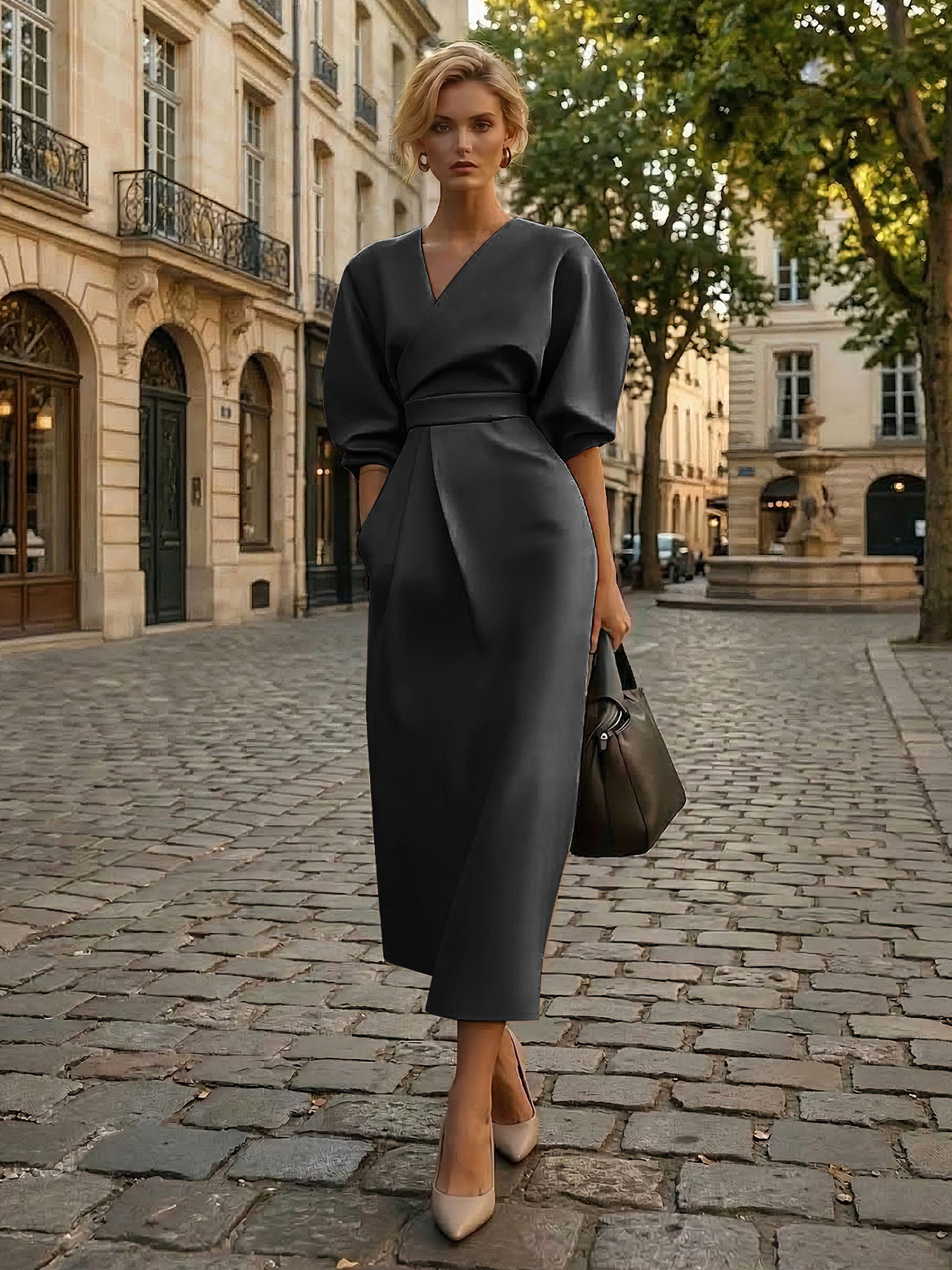 Sophisticated Camel V-Neck Balloon Sleeve Midi Dress Evening Gown