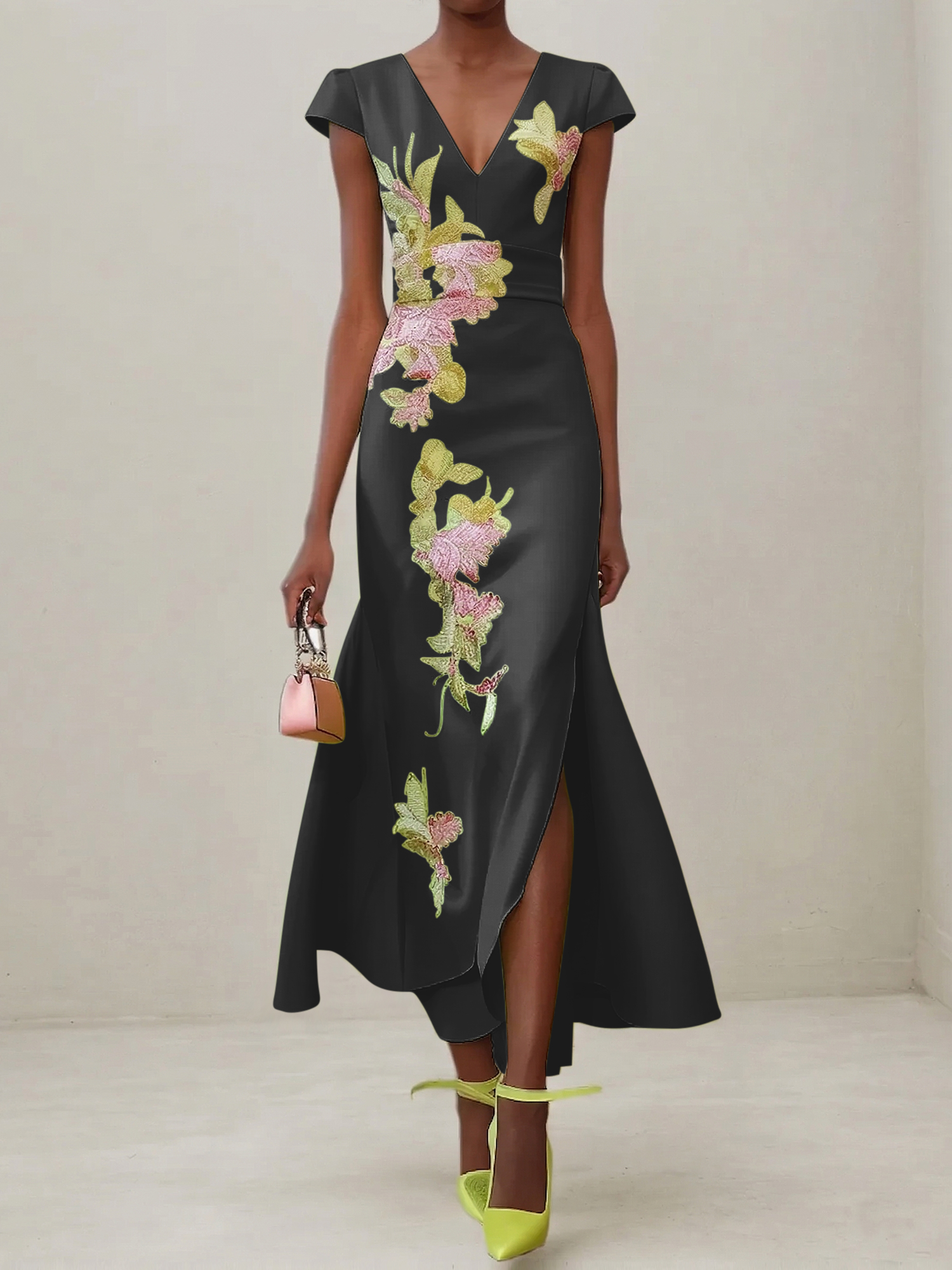 Elegant V-Neck Cap Sleeve Satin Midi Gown with Floral Embroidery & High Slit