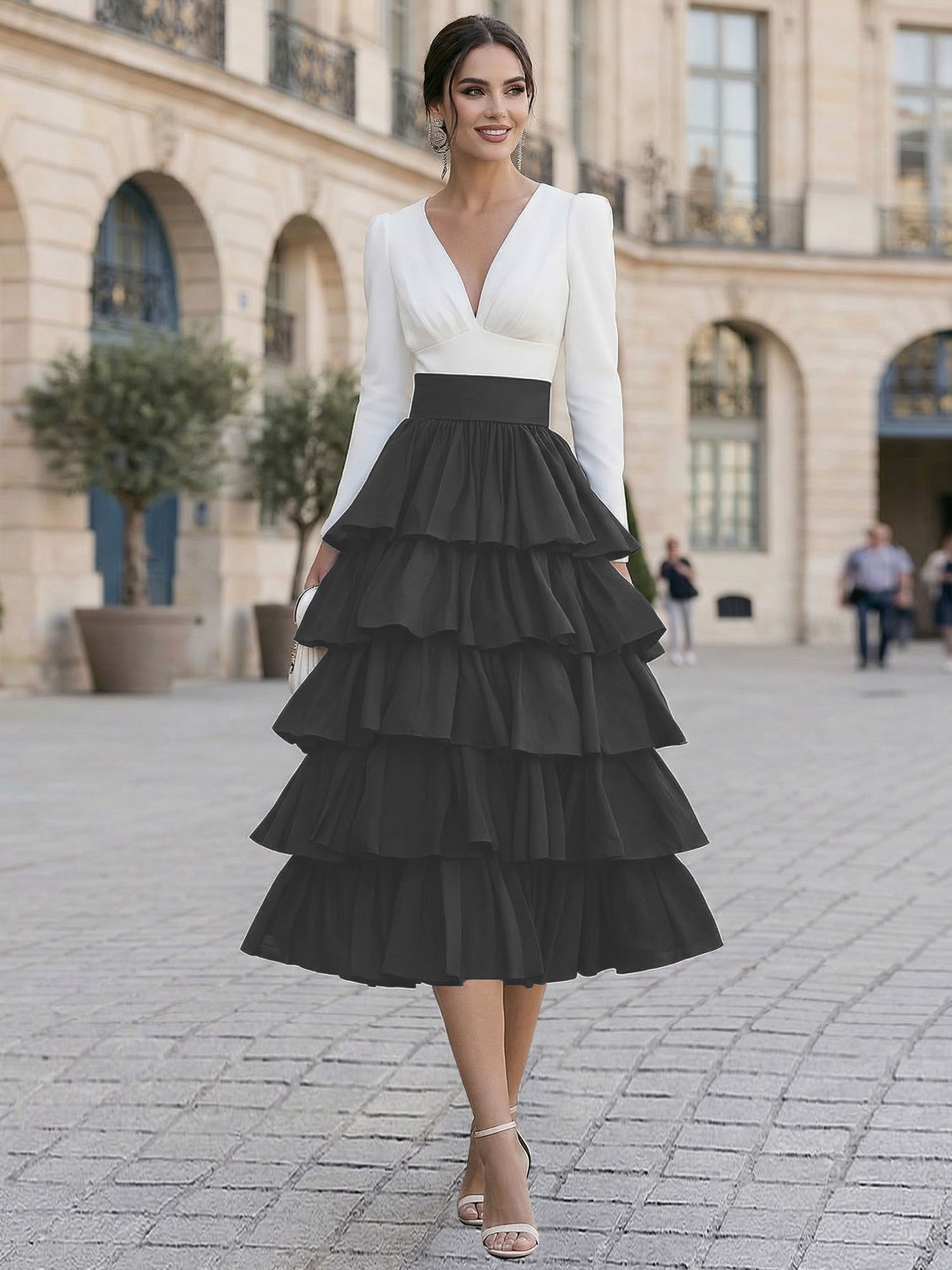 Elegant V-Neck Long Sleeve Tiered Ruffle Midi Dress with Contrast Waistband