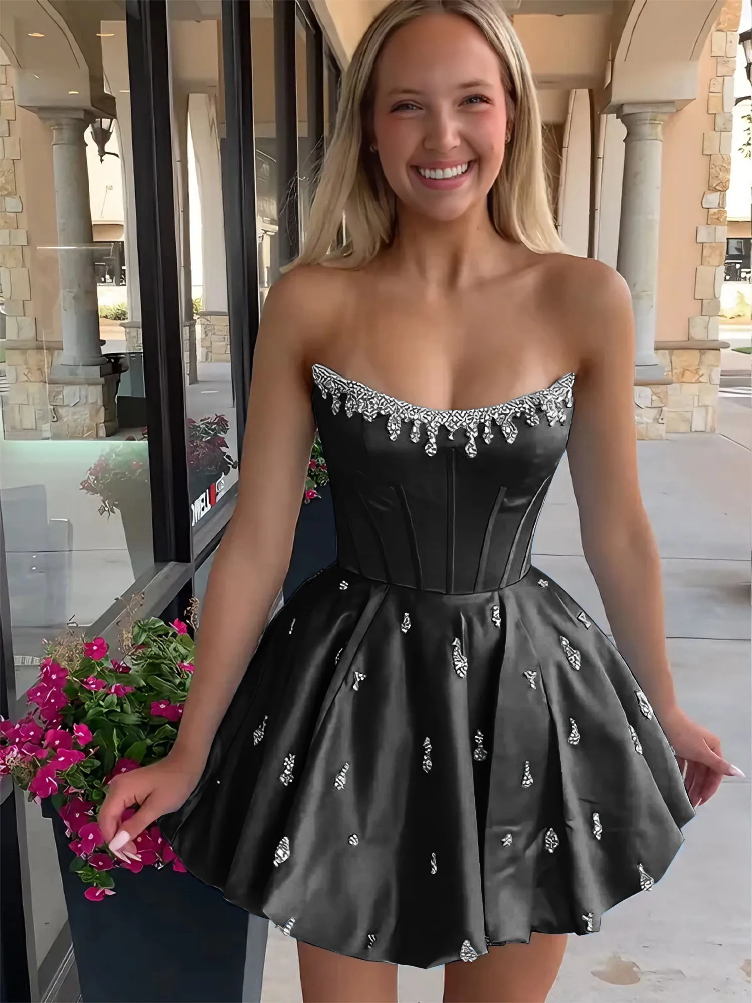 Strapless Beaded Corset Lace-Up Back Satin Homecoming Dress